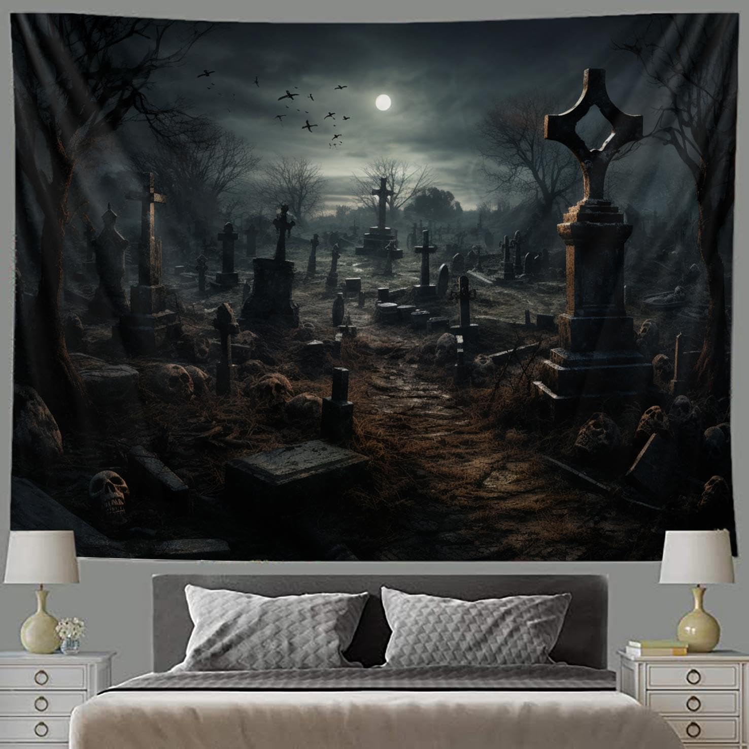 Tapiz de cementerio aterrador de Halloween, decoración grande para colgar en la pared, decoración de esqueleto de noche de muerte, decoración de