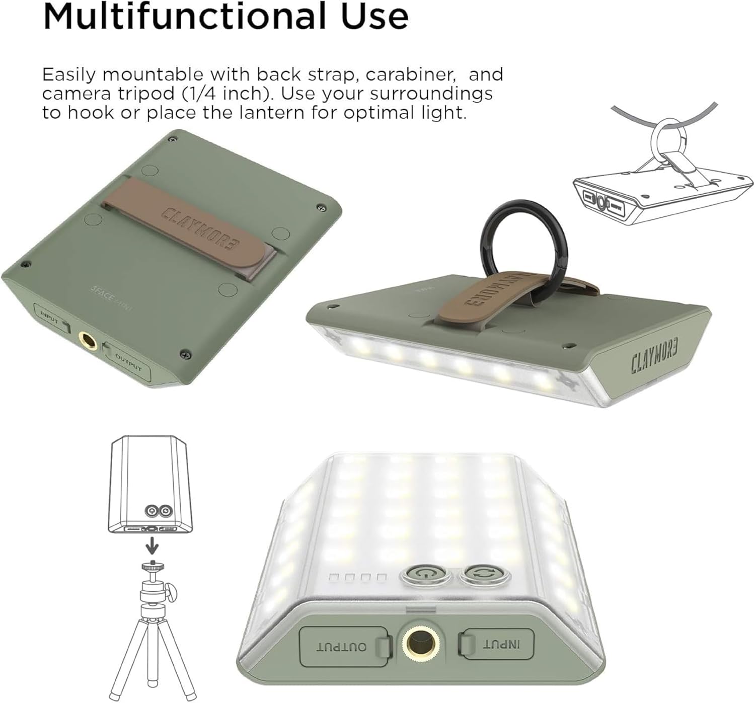 CLAYMORE 3Face Mini (verde musgo) – Luz LED ligera y portátil para exteriores, camping, tienda de campaña, emergencia y uso industrial. Linterna