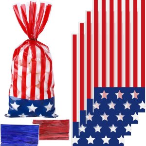 Whaline 150 bolsas patrióticas de celofán para violonchelo, 4 de julio, estrellas y rayas, bolsas de celofán con lazo giratorio, bandera Whaline 150 bolsas patrióticas de celofán para violonchelo, 4 de julio, estrellas y rayas, bolsas de celofán con lazo giratorio, bandera