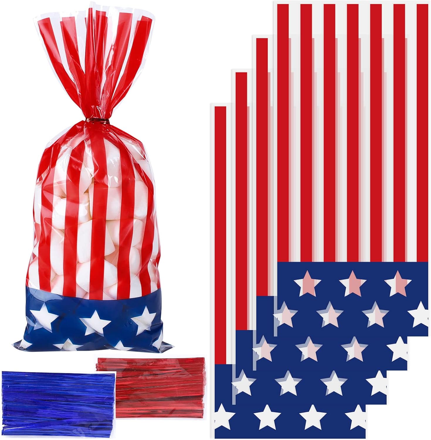 Whaline 150 bolsas patrióticas de celofán para violonchelo, 4 de julio, estrellas y rayas, bolsas de celofán con lazo giratorio, bandera