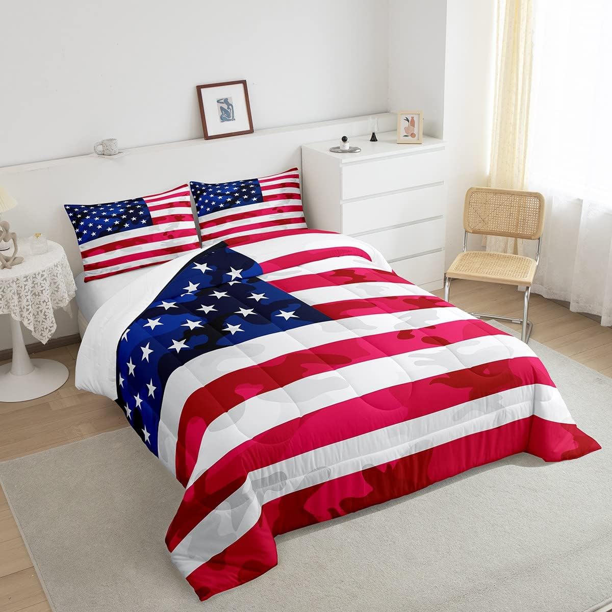 Feelyou Juego de ropa de cama con bandera estadounidense, diseño de bandera de Estados Unidos, edredón de bandera de camuflaje del ejército, edredón