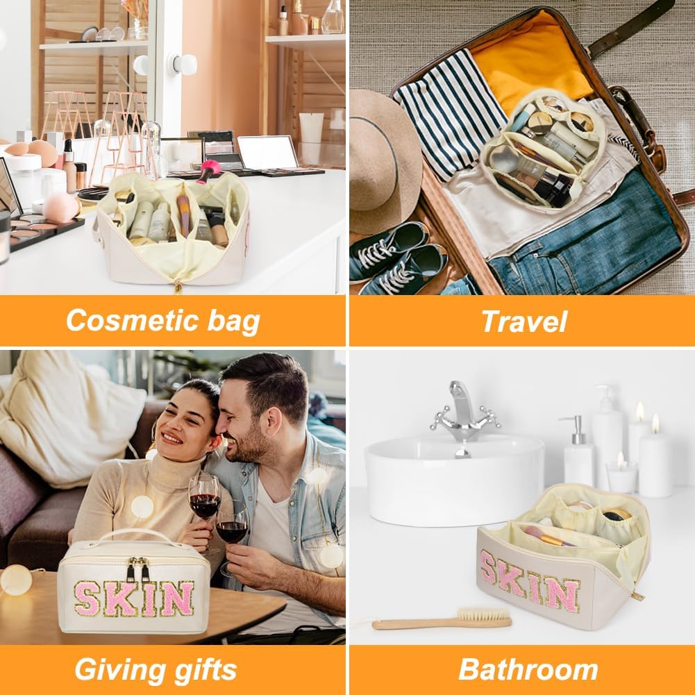 Bolsa de cosméticos de viaje de gran capacidad, bolsa de maquillaje con letras de chenilla, bolsa de maquillaje de piel sintética, organizador plano
