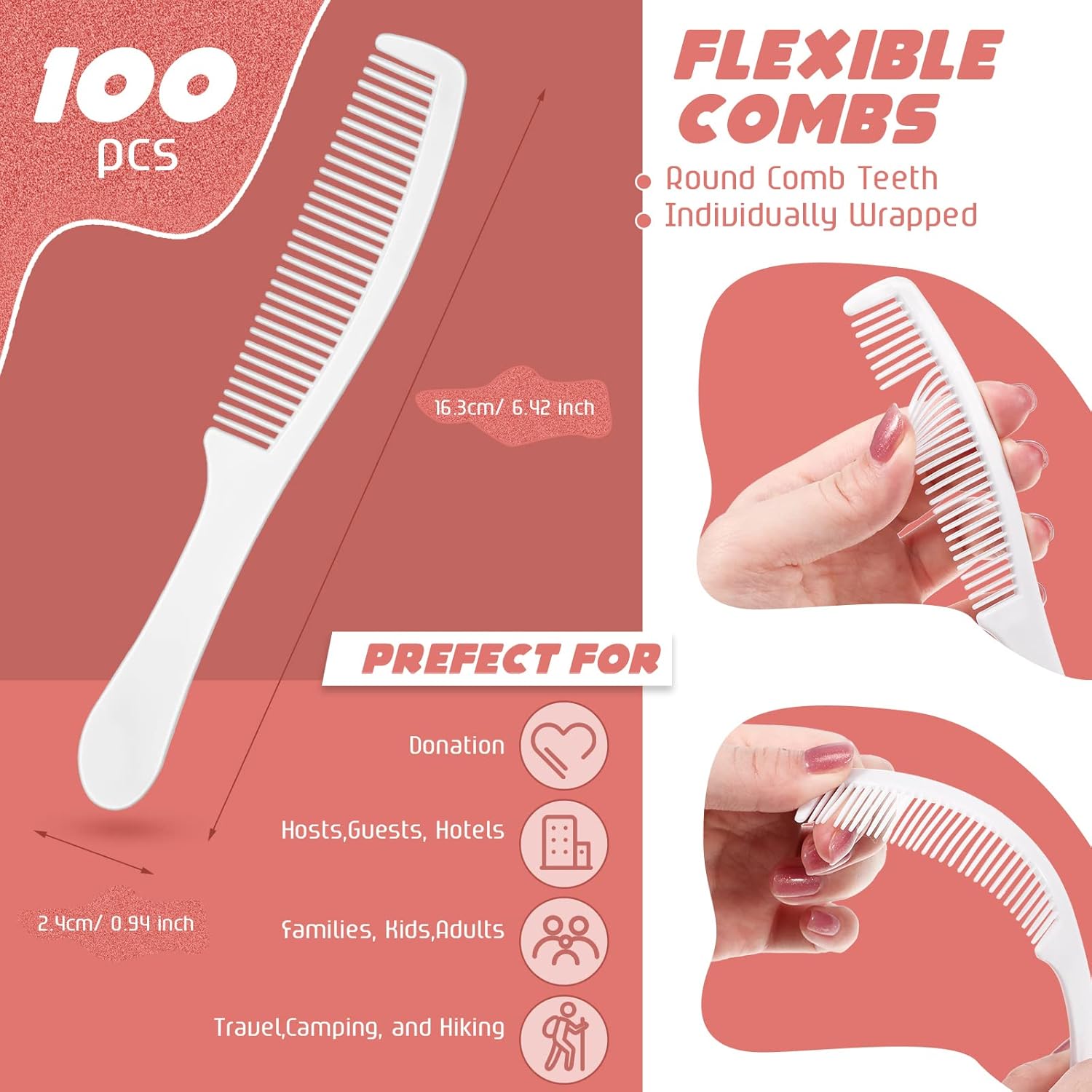 Paquete de 100 peines desechables envueltos individualmente en peines de plástico a granel para viajes, hotel, refugio, personas sin hogar, hogar de