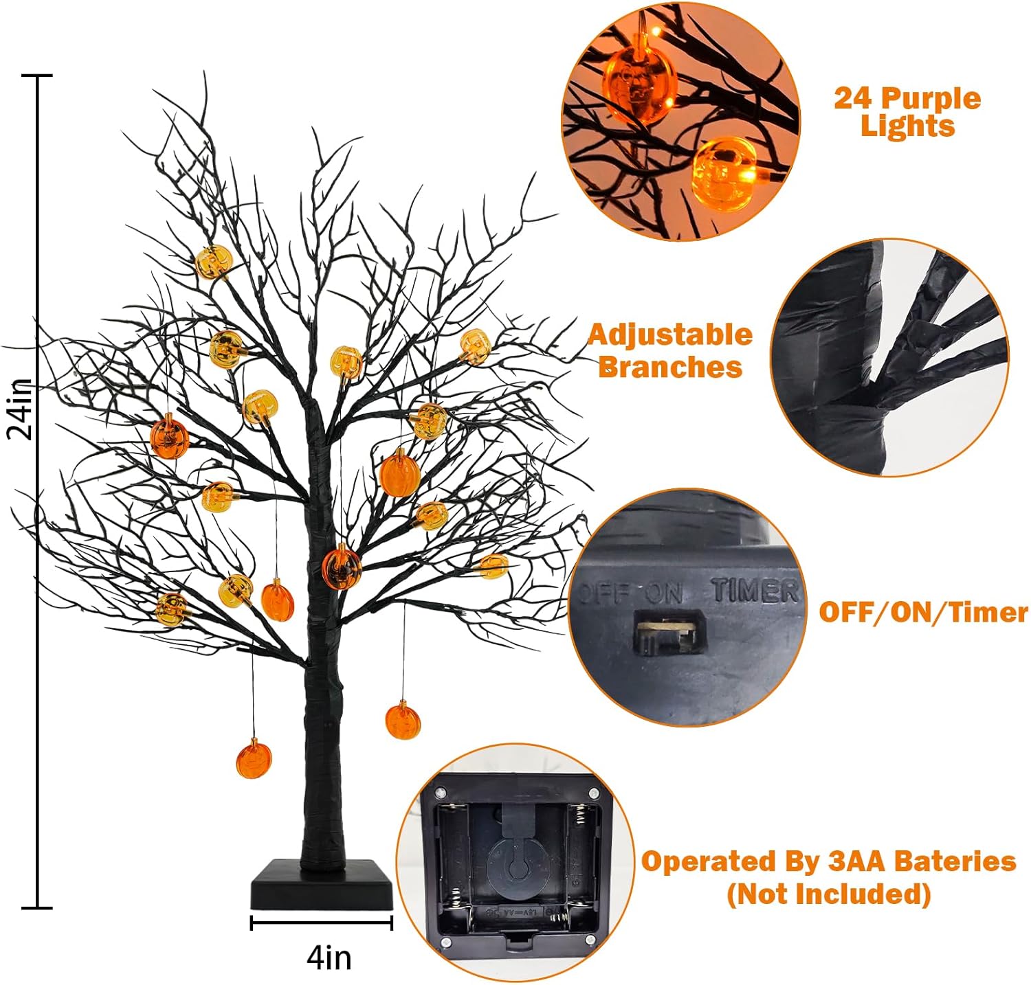 Paquete de 2 árboles negros de Halloween de 24 pulgadas con temporizador, árbol de mesa iluminado con pilas de 24 luces LED con 12 luces naranja