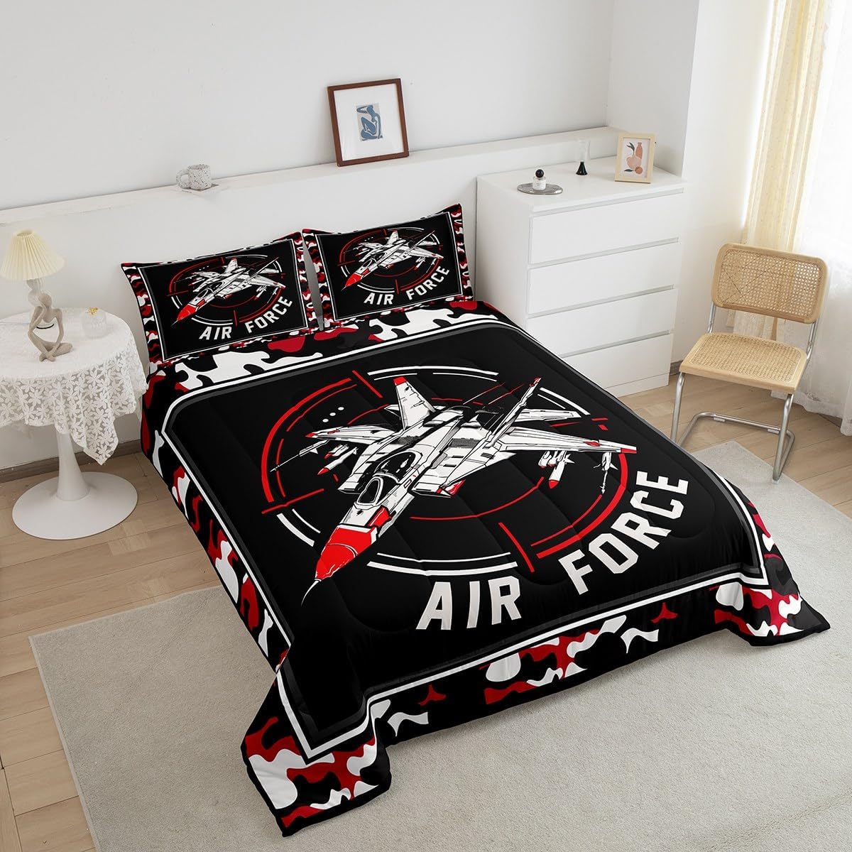 ZZRS2779ZMD-BZ_USF – Juego de edredón de tamaño matrimonial, ropa de cama de 3 piezas con diseño de camuflaje militar, rojo y negro para niños,