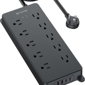 TROND Protector de sobretensión, cable de extensión de enchufe plano de 15 pies de largo, 10 salidas de CA ampliamente espaciadas, 2 puertos USB A y TROND Protector de sobretensión, cable de extensión de enchufe plano de 15 pies de largo, 10 salidas de CA ampliamente espaciadas, 2 puertos USB A y