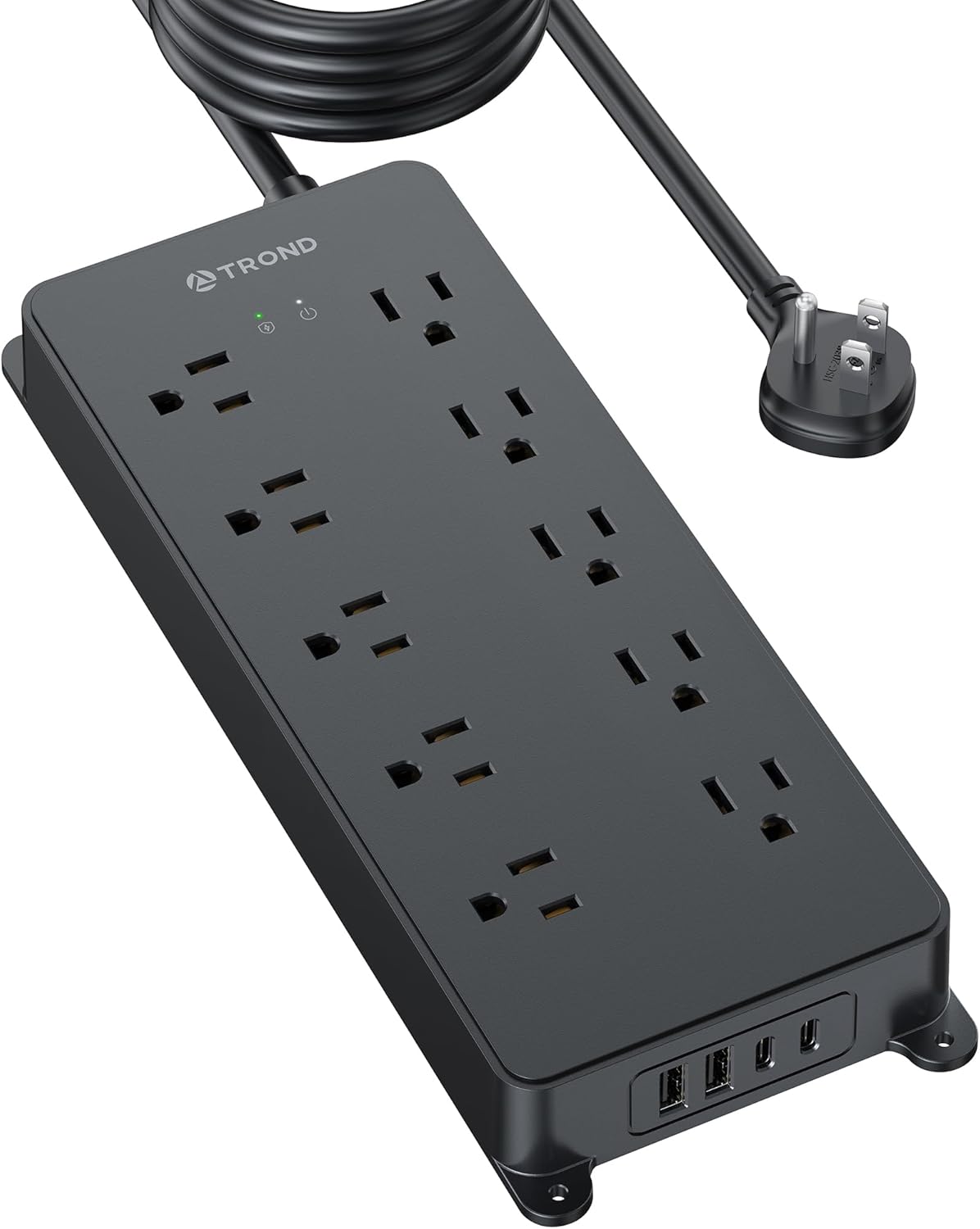 TROND Protector de sobretensión, cable de extensión de enchufe plano de 15 pies de largo, 10 salidas de CA ampliamente espaciadas, 2 puertos USB A y
