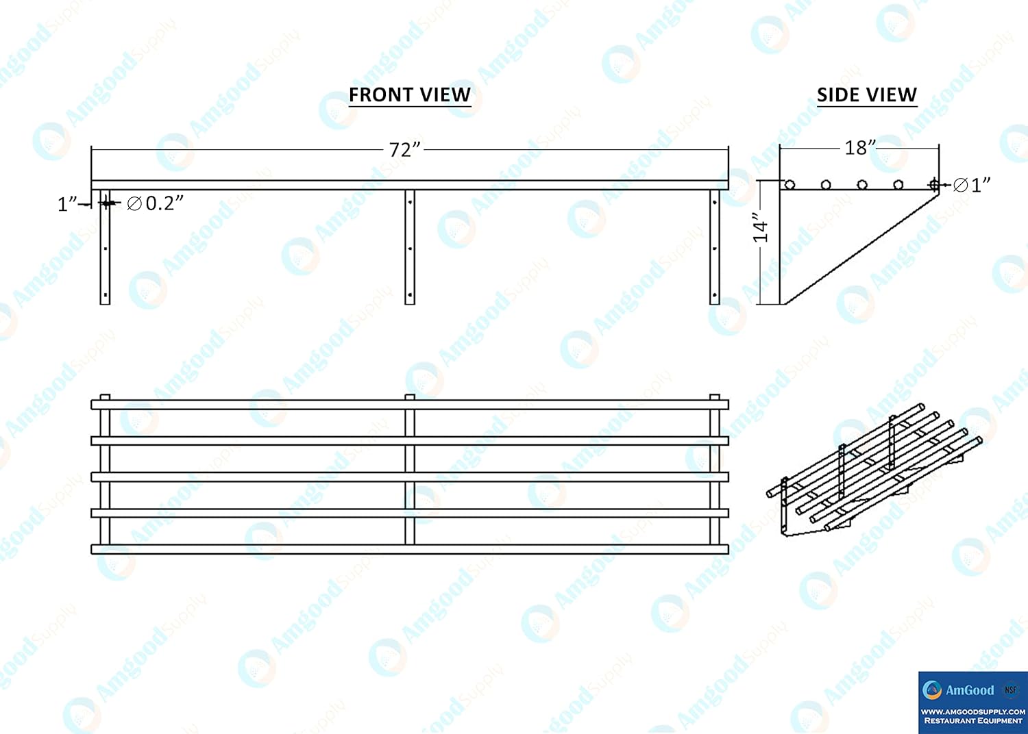AmGood Estante de pared tubular de acero inoxidable de 72 pulgadas de largo x 18 pulgadas de profundidad  Certificado NSF  Estantería de metal para