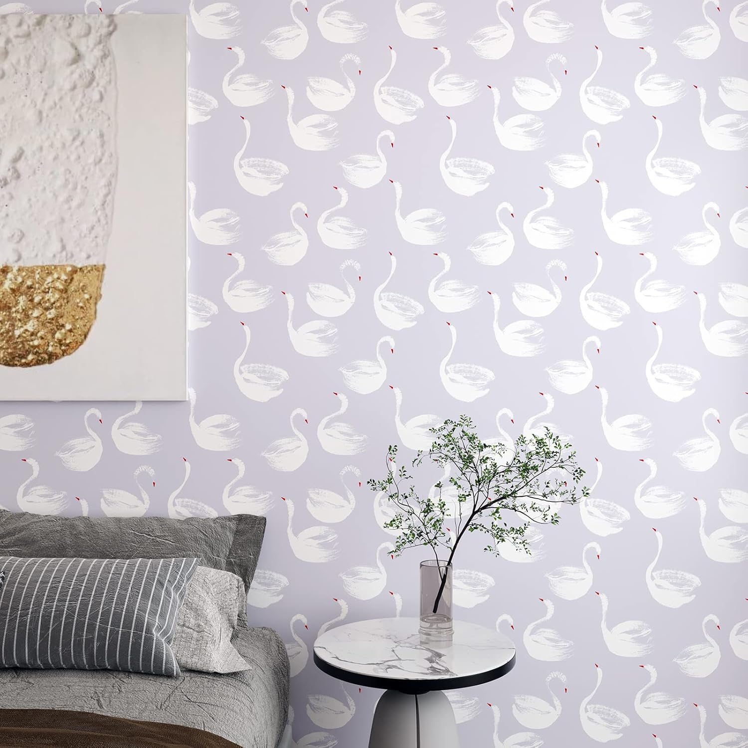 Papel tapiz de vinilo autoadhesivo con diseño de cisne blanco, diseño de cisnes de animales Art Deco, color gris, rojo y blanco, removible para