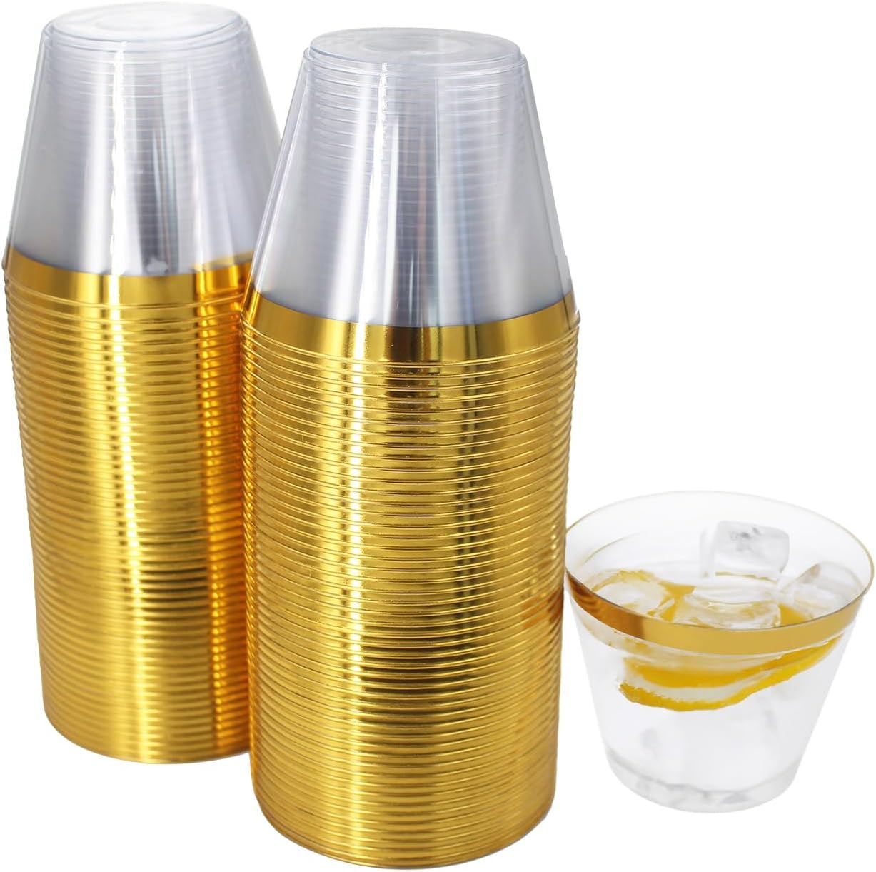 LFGUD 100 vasos de plástico dorados, vasos de plástico desechables de 9 onzas para fiestas, vasos desechables de plástico duro con borde dorado para