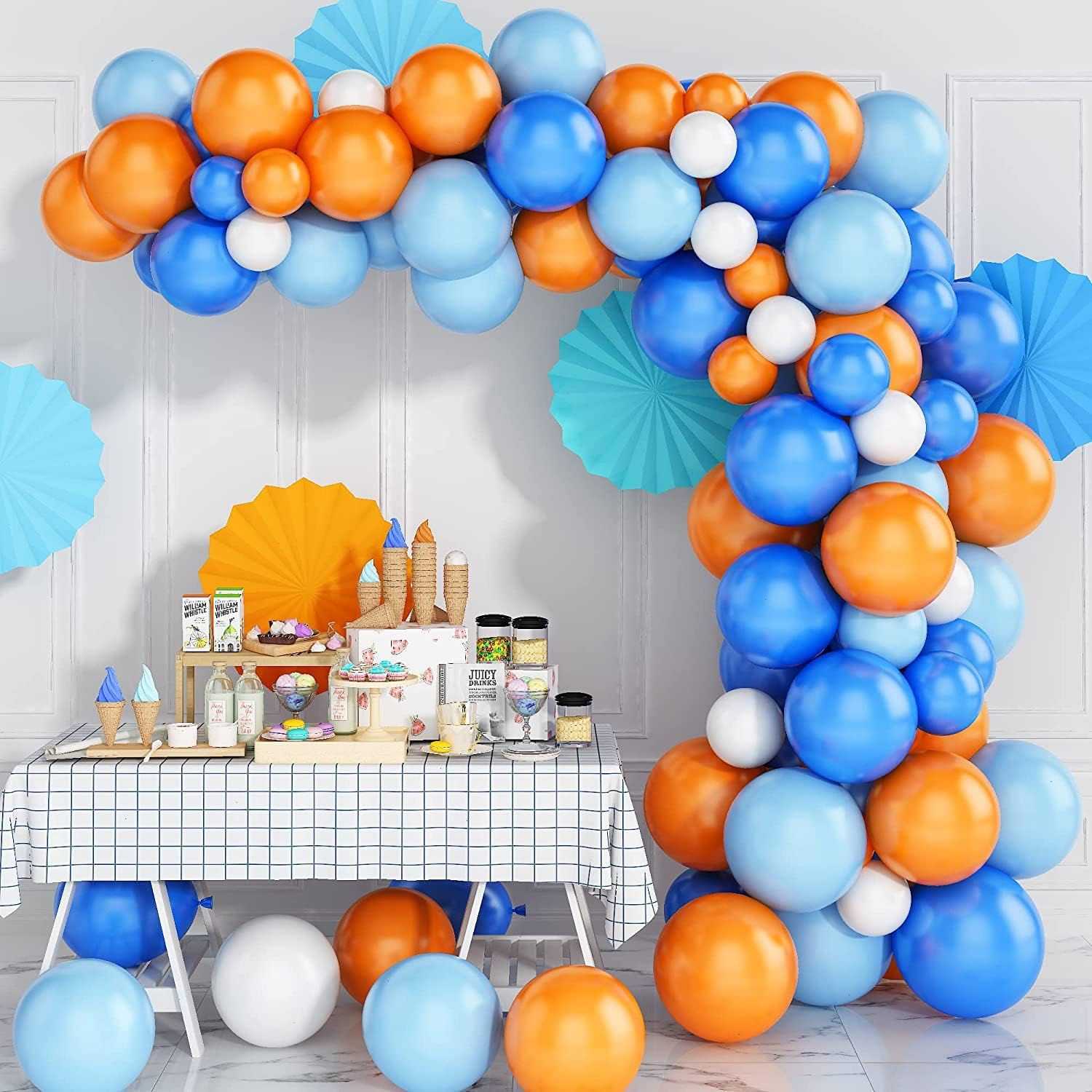 FEYG Kit de arco de guirnalda de globos, kit de arco de globos azul, naranja y blanco, guirnalda de globos, globos de látex, globos de fiesta para