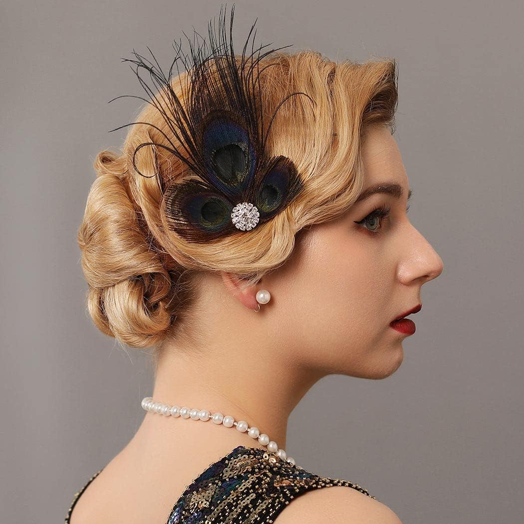 GORTIN Pinza para el pelo de plumas de los años 20, diadema de plumas de gran Gatsby, tocado de plumas de pavo real negro, diadema de Rhiestone,