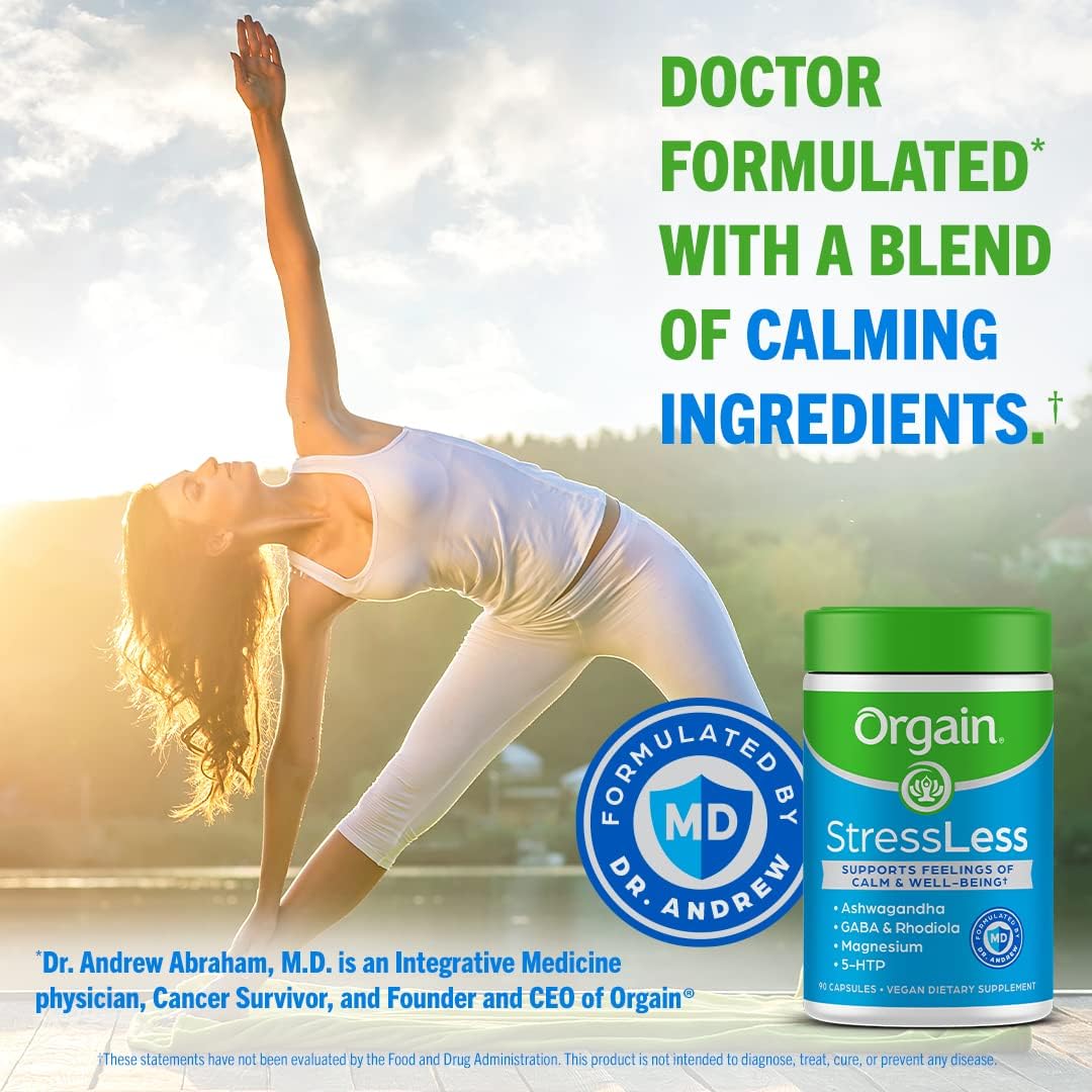 Orgain Suplemento para aliviar el estrés y el estrés, mezcla de magnesio, bálsamo de limón, GABA, 5 HTP, Rhodiola Rosea, Ashwagandha y manzanilla,