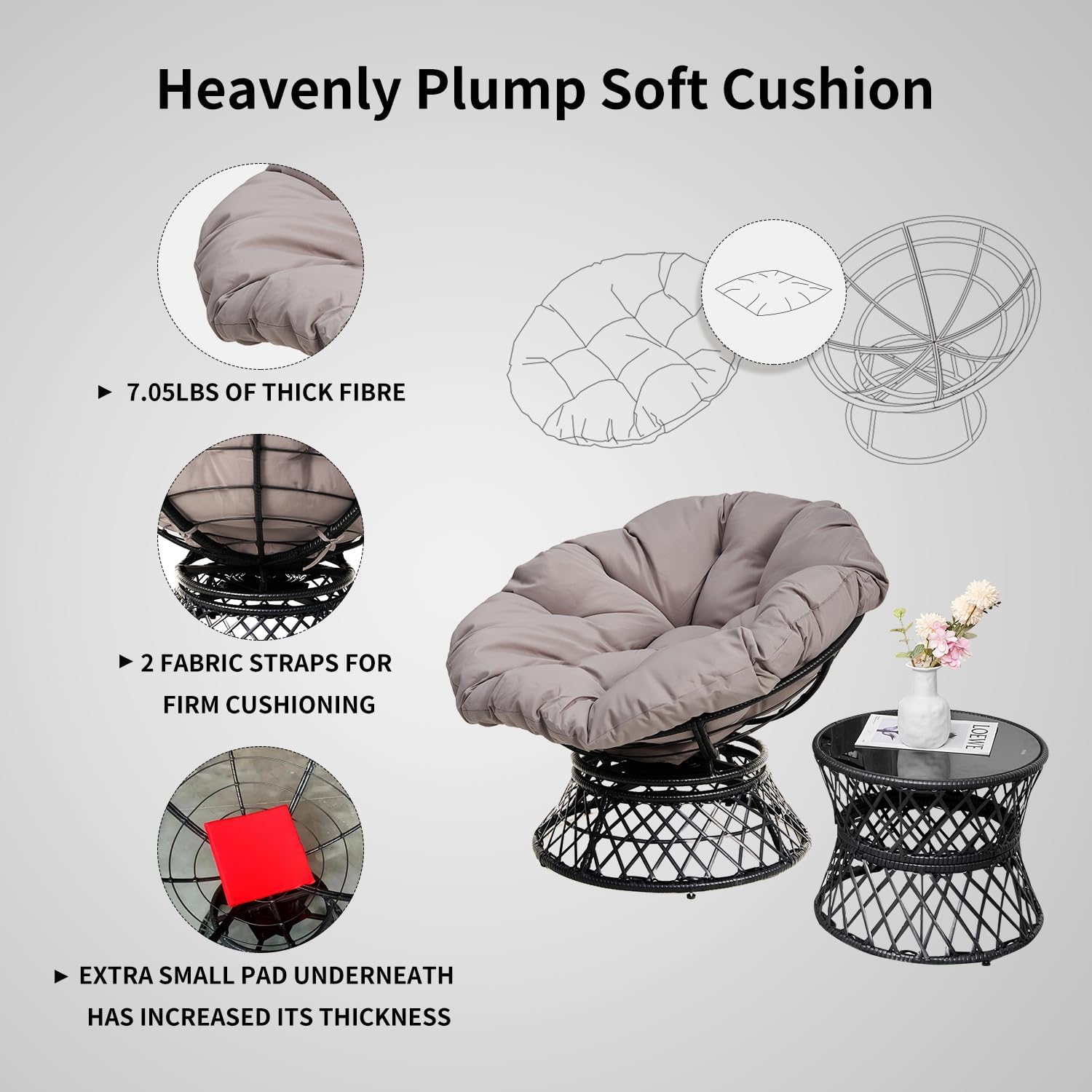 Silla Papasan giratoria de mimbre de ratán de 360 con base grande y cojín para sala de estar, dormitorio, sala de lectura, sala de ocio (azul lago)