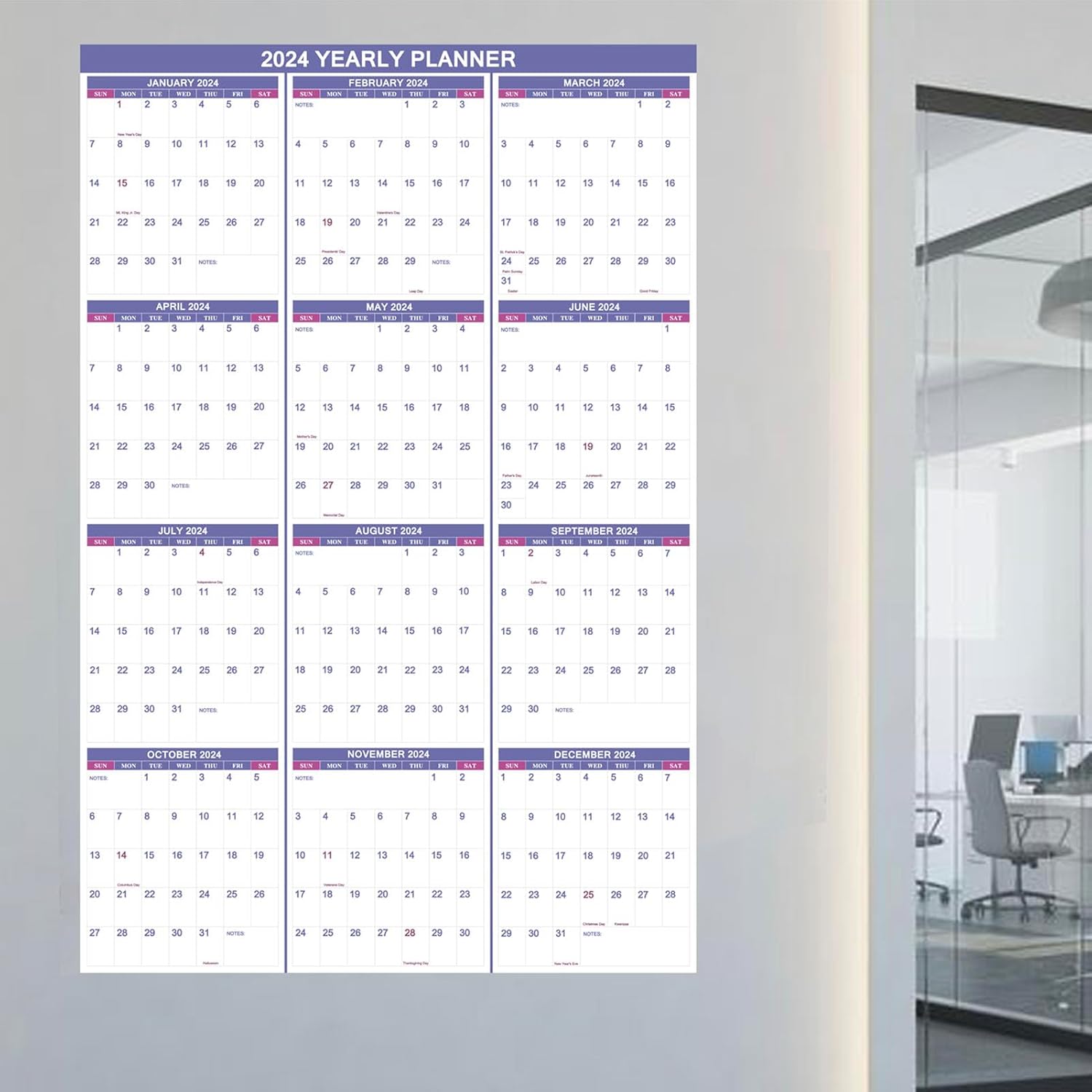 Calendario de pared 2024 borrable de 32 x 48 pulgadas, borrado en húmedo y seco, laminado de 12 meses, calendario anual anual de pared de 2 lados,