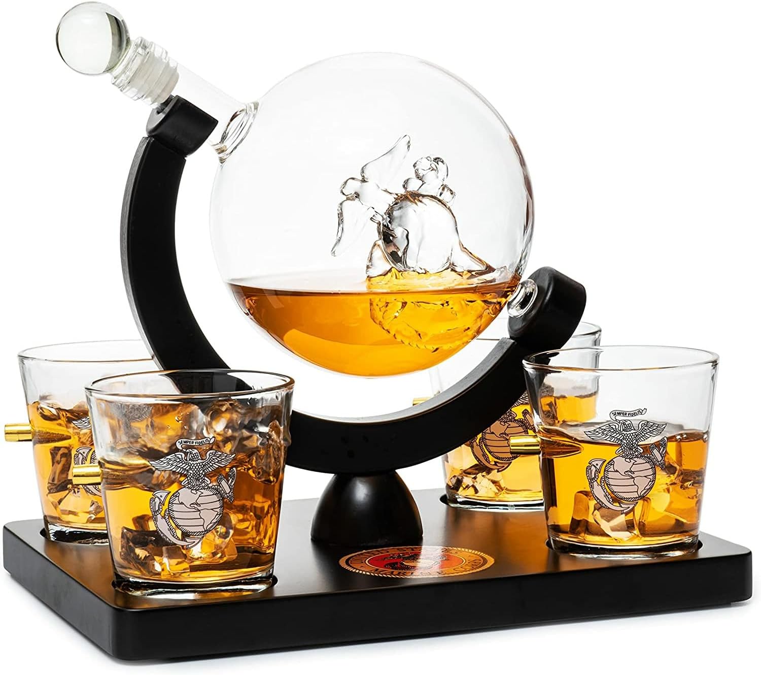 U.S. Marine Globe – Juego de decantador de whisky con 4 vasos de licor, juego de regalo para veteranos marinos con base de madera de caoba y