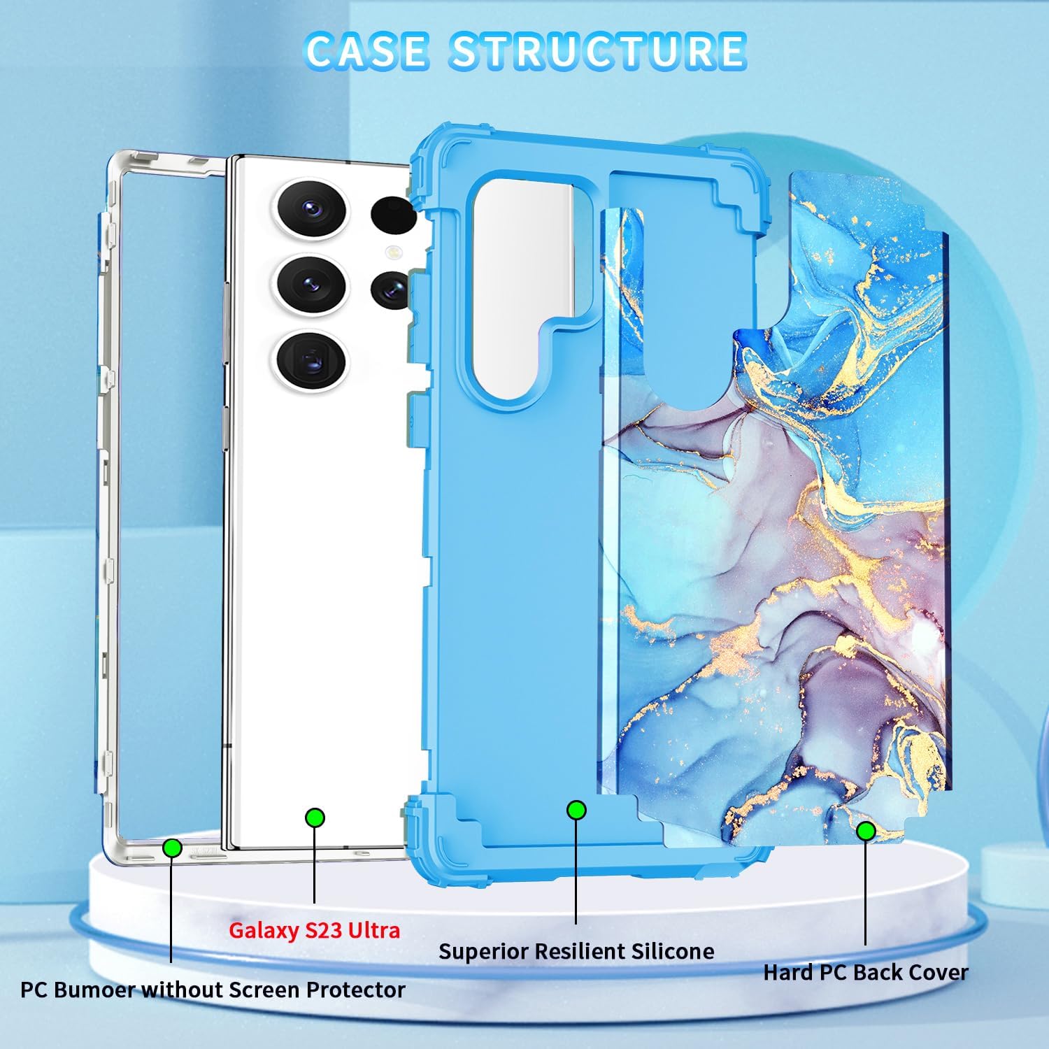 Funda para Galaxy S23 Ultra, diseño de mármol, tres capas, resistente, a prueba de golpes, híbrida, de plástico duro, goma de silicona suave, funda