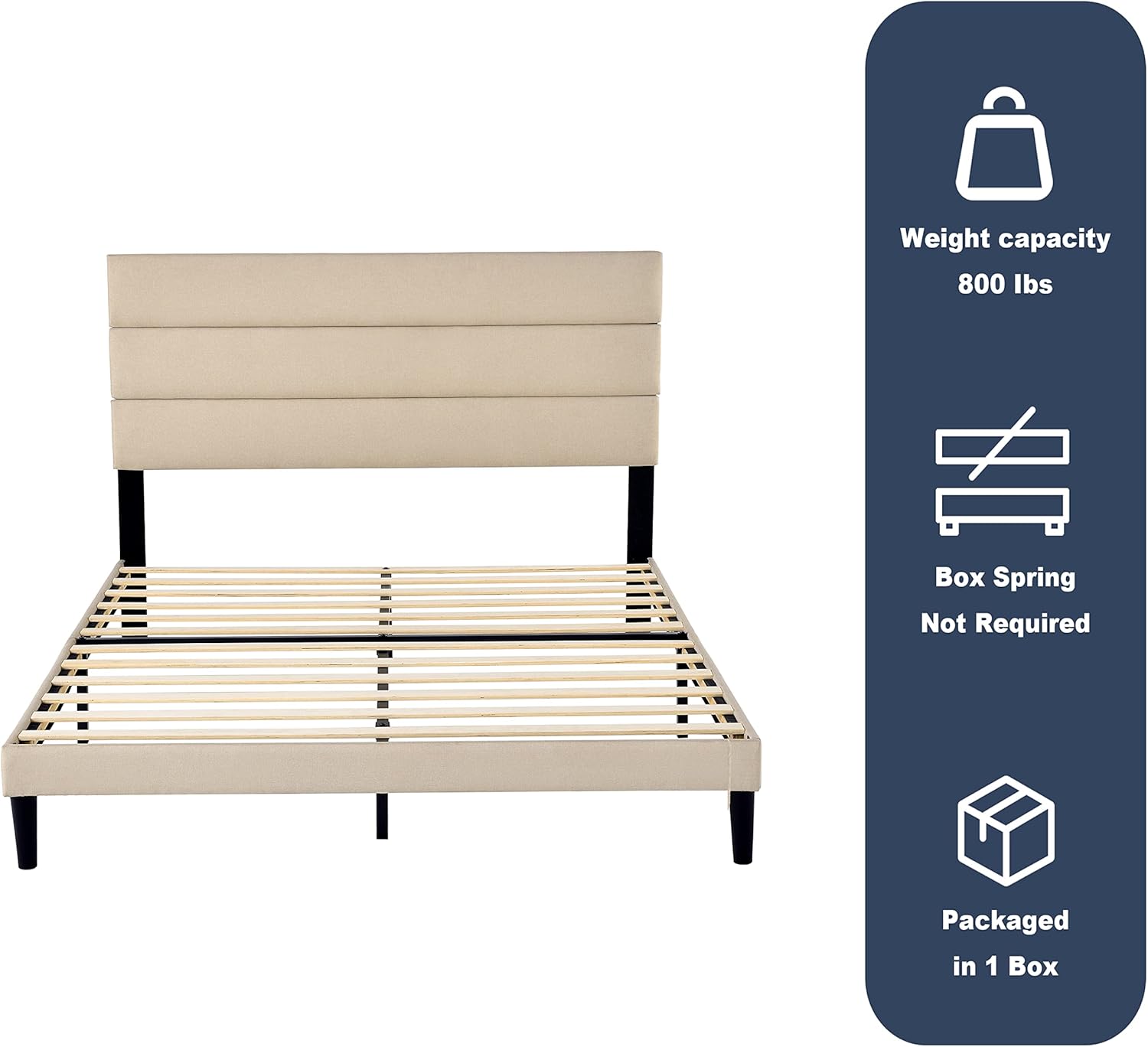Base de cama tapizada de metal de tamaño matrimonial con cabecero y listones de madera fuertes, antideslizante y sin ruido, no necesita somier, base