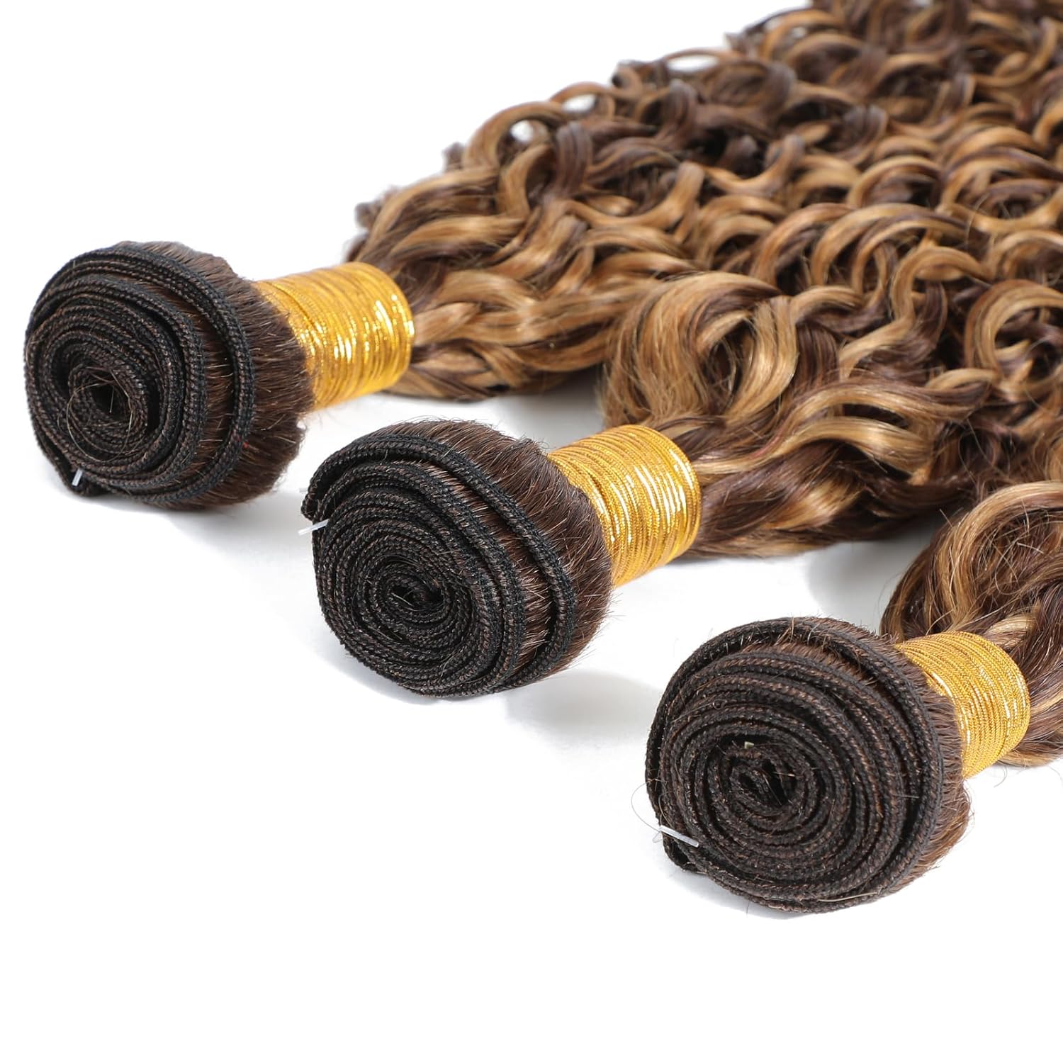 ALHER Paquetes de cabello humano ondulado rubio miel con reflejos P427, ombré, mechones individuales húmedos y ondulados, color marrón, 10A, 100%