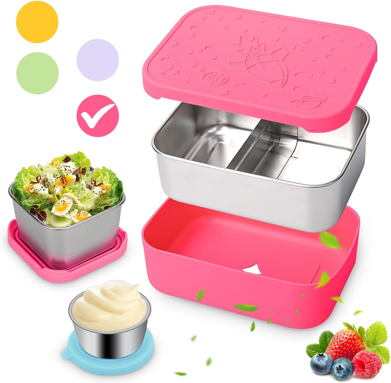 Juego de 3 cajas de almuerzo Bento de acero inoxidable, a prueba de fugas, cajas de almacenamiento de alimentos de metal dividido de 28.7 onzas con