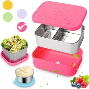 Juego de 3 cajas de almuerzo Bento de acero inoxidable, a prueba de fugas, cajas de almacenamiento de alimentos de metal dividido de 28.7 onzas con Juego de 3 cajas de almuerzo Bento de acero inoxidable, a prueba de fugas, cajas de almacenamiento de alimentos de metal dividido de 28.7 onzas con