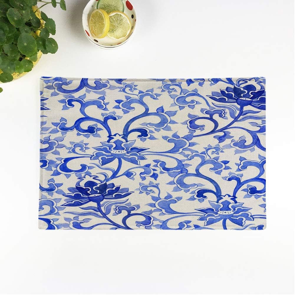 Juego de 6 manteles individuales de porcelana azul china ornamental, diseño étnico, diseño de flores, antideslizante, para mesa de comedor y cocina