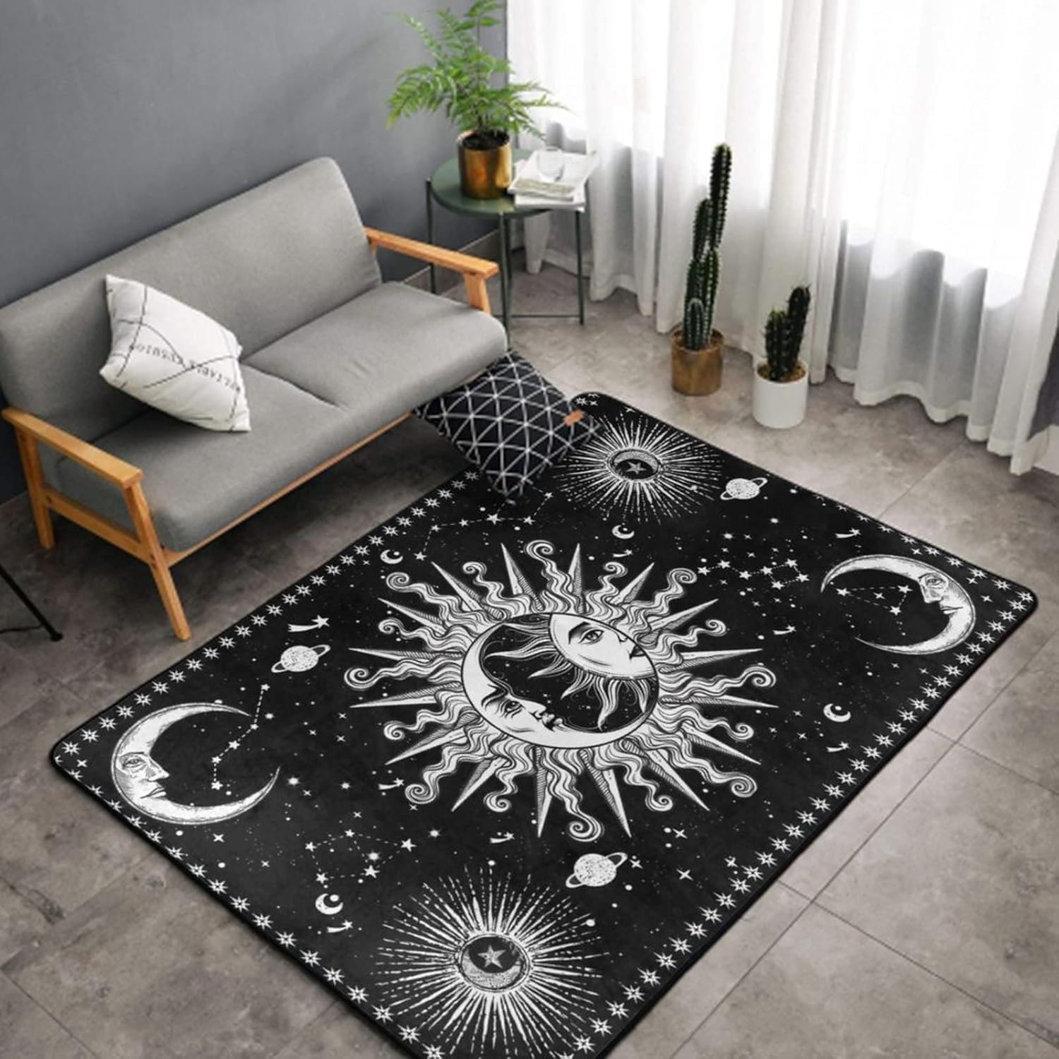 Alfombra estética de sol y luna en blanco y negro con diseño místico de estrellas para interiores y exteriores, 60 x 39 pulgadas