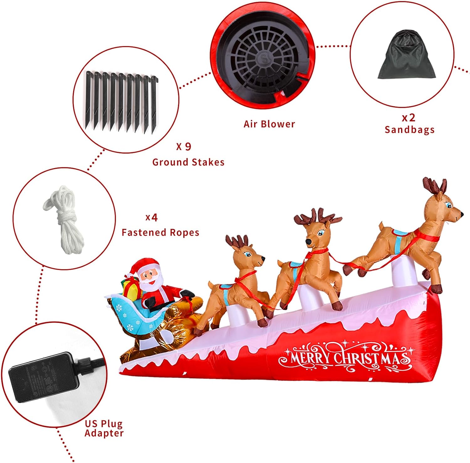 Inflables grandes de Navidad de 13.5 pies para patio al aire libre, Papá Noel inflable en trineo con 3 renos, decoración inflable iluminada para