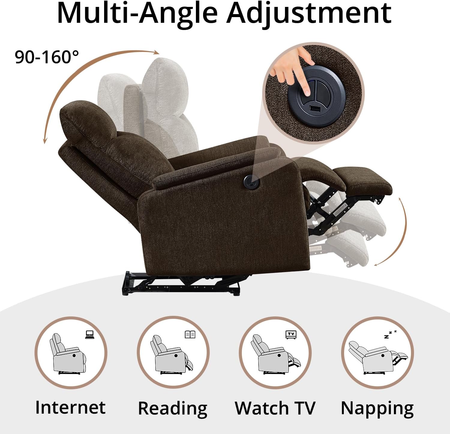 Silla reclinable para adultos y ancianos, sofá reclinable individual ergonómico, silla reclinable pequeña con puertos USB, respaldo y cojín para