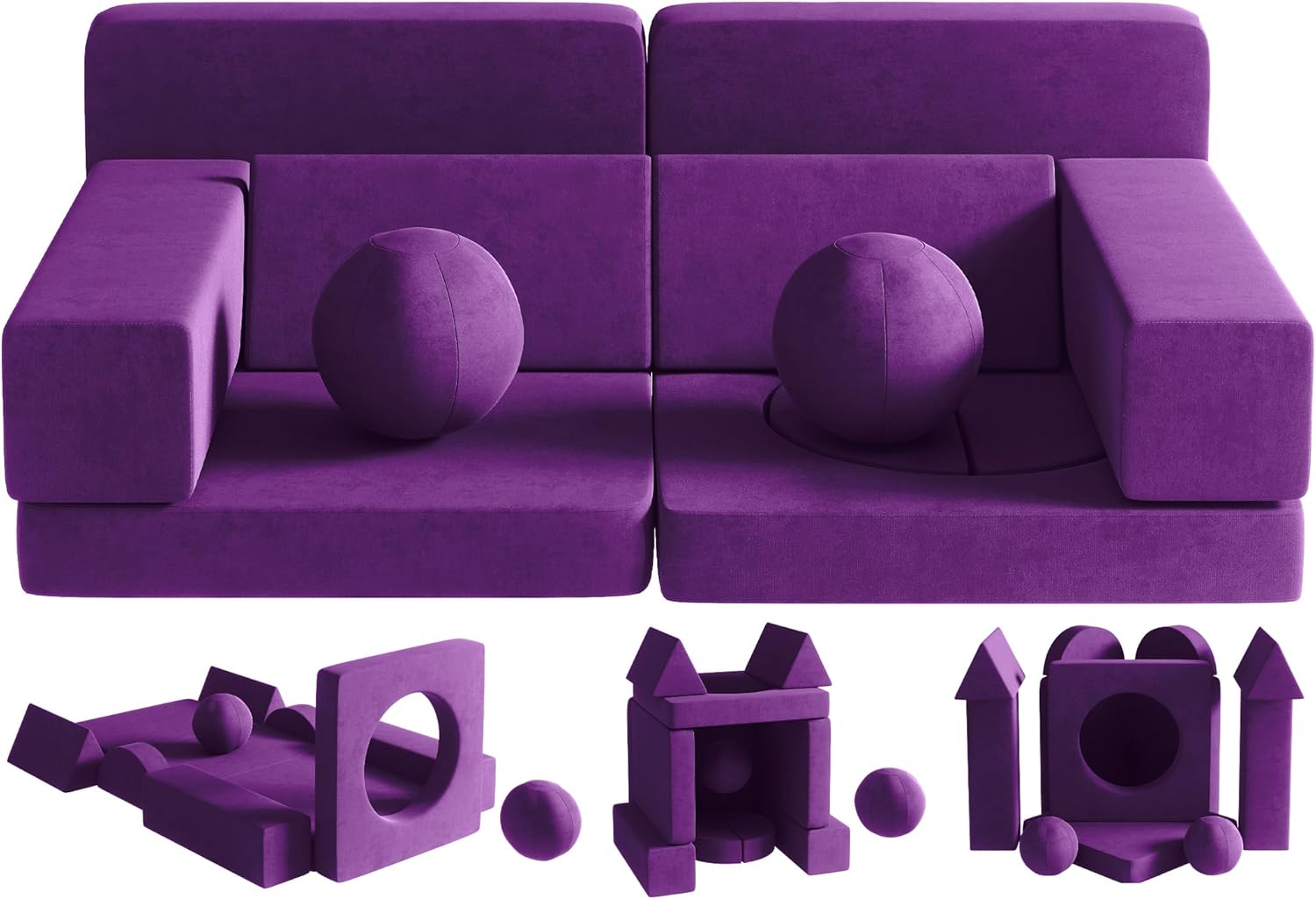 Sofá infantil modular de 12 piezas con 2 bolas y túnel, sofá plegable para niños para sala de juegos, sala de estar, dormitorio, sofá modular para