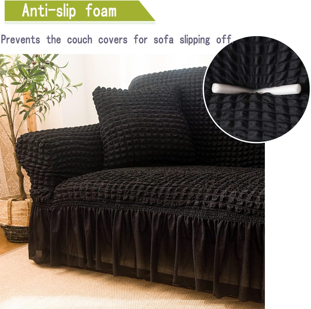 Qubjus Funda elástica para sofá, lavable, protector de muebles con parte inferior elástica y falda para niños y mascotas (negro, mediano)