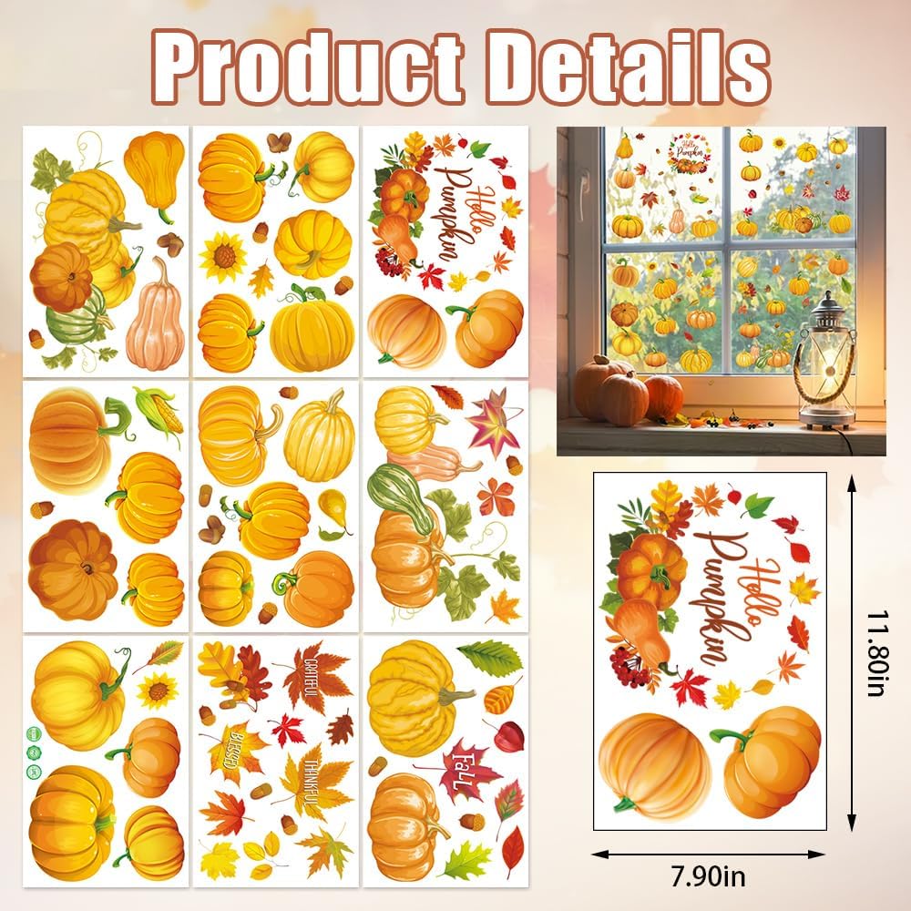 Hying 9 hojas de calabazas de otoño para ventana, calcomanías de Acción de Gracias para ventana, calcomanías estáticas de otoño con hojas de otoño