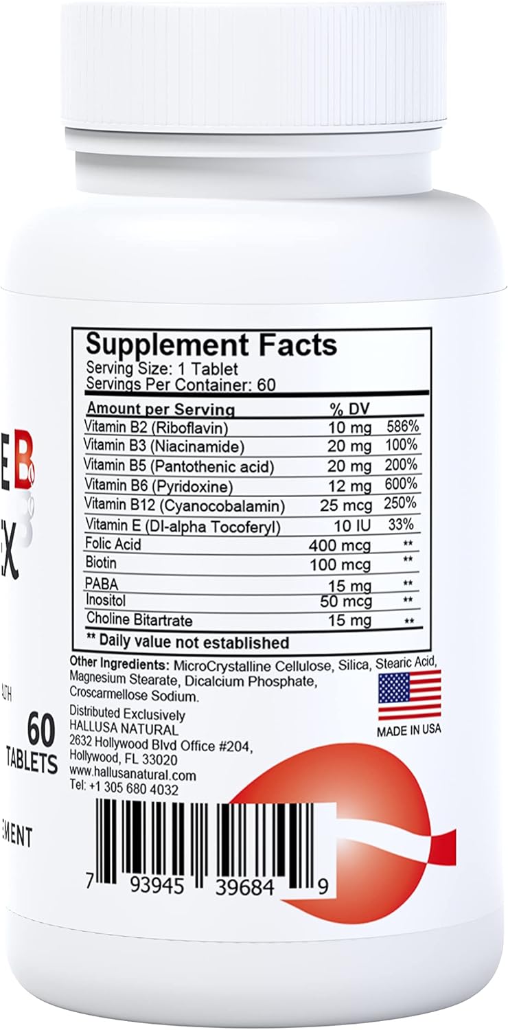 Hallusa Natural – Equilibrar el complejo de vitamina B – Energía, función de las células cerebrales, vitamina B2, B3, B5, B6, B12-suministro de 60