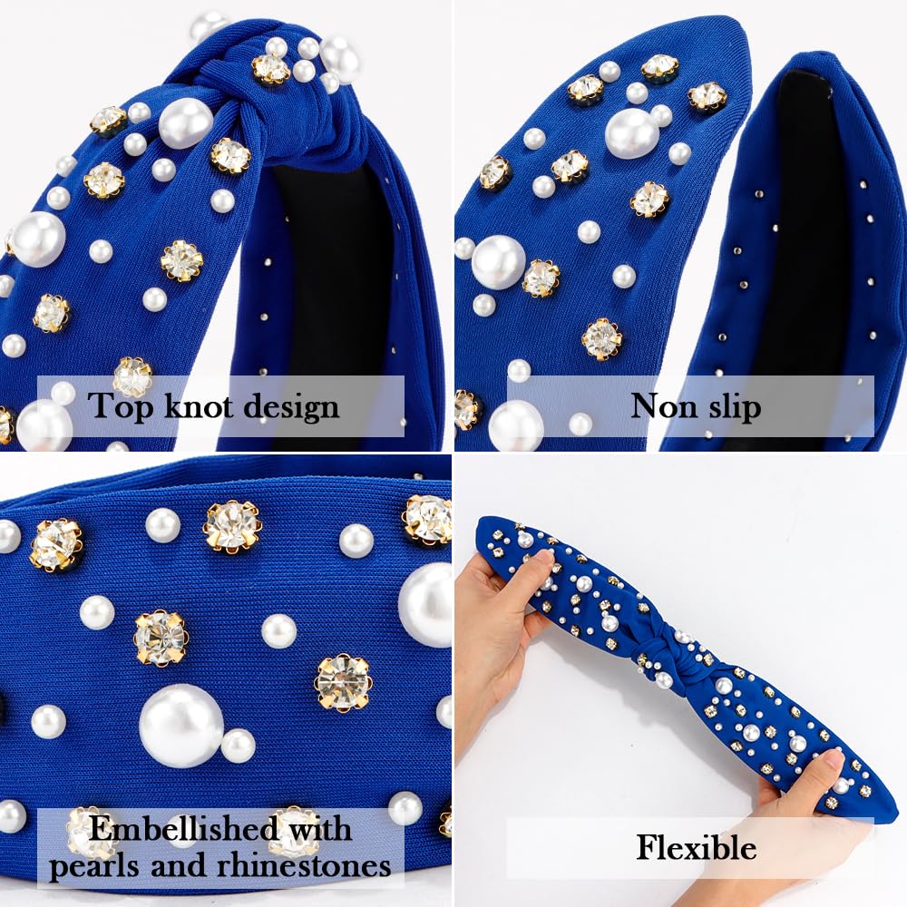 Atoden Diademas anudadas con diamantes de imitación de perlas azul real para mujer, diademas anchas con nudo superior con cuentas, bandas de cabeza