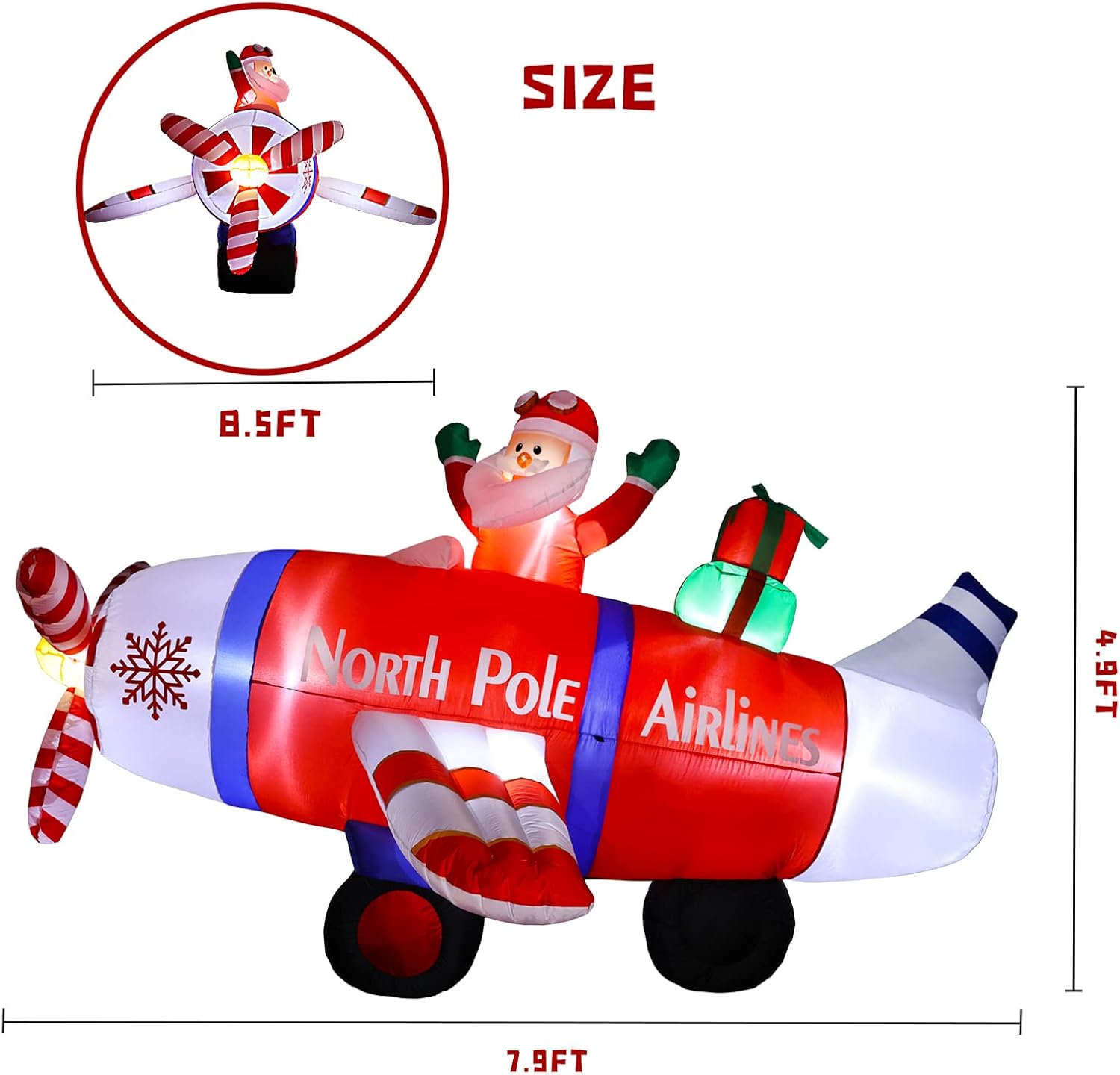 Inflables de Navidad de 8 pies, decoraciones al aire libre, avión polar volador gigante de Papá Noel con regalos, decoraciones inflables iluminadas