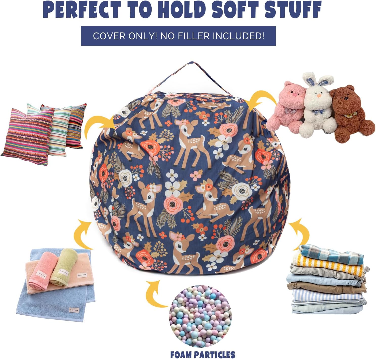 LOLOMLO Funda para puf de almacenamiento de animales de peluche, para niños, mantas, toallas, puf (solo funda), sofá de lona con cremallera YKK,