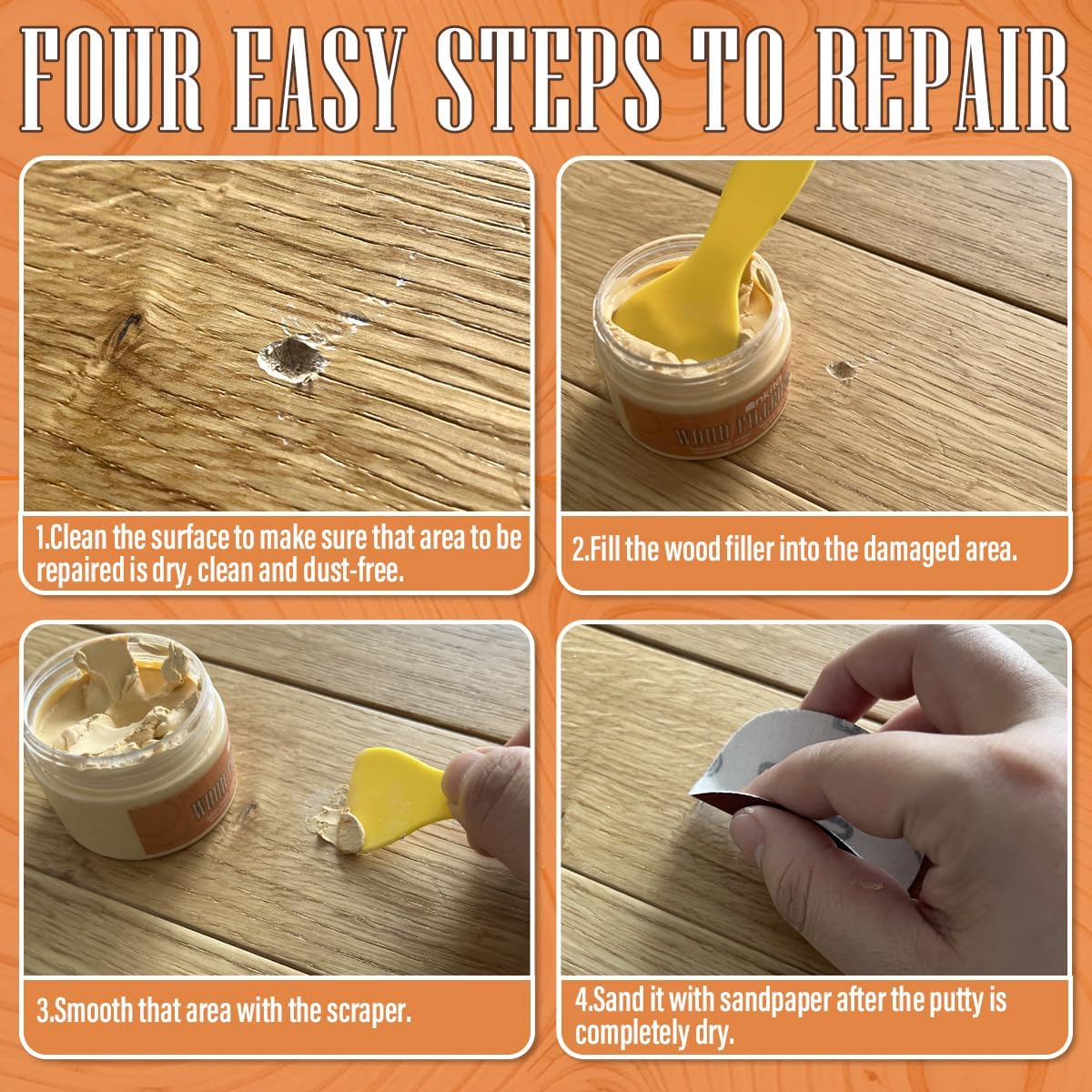 Relleno de madera multiusos, kit de reparación de madera (natural), masilla de relleno de madera de secado rápido, repara rápidamente agujeros,