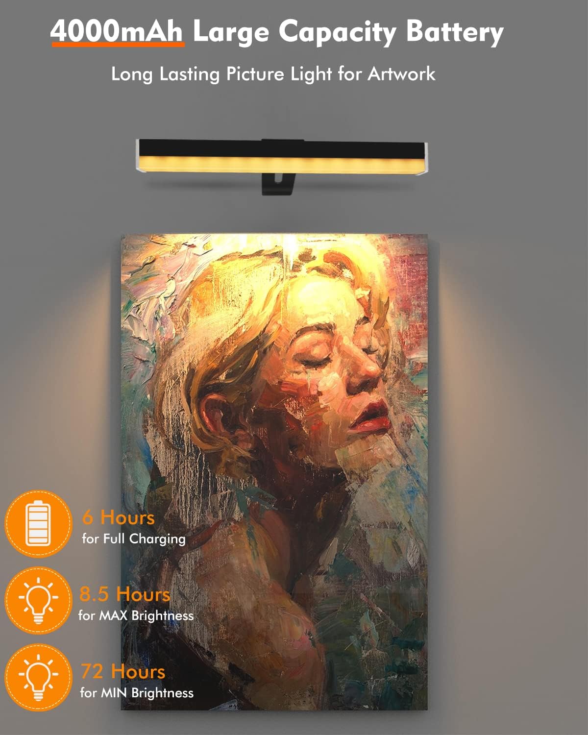 Meagoo Luz de imagen, lámpara de marco de fotos recargable de 4000 mAh con ajuste de luz ajustable remoto de 300 lúmenes, barra de luz LED brillante