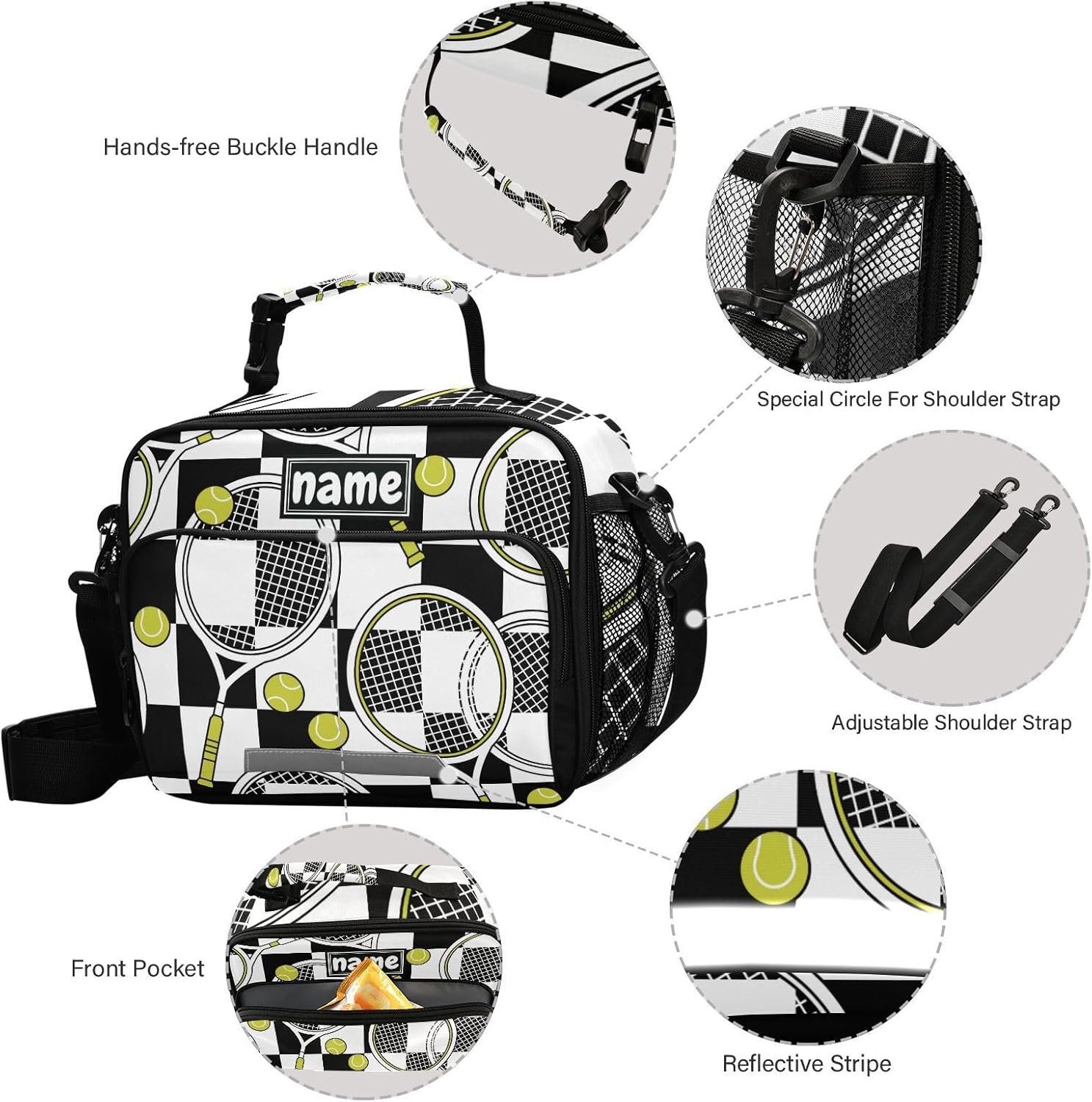 Pelotas de tenis personalizadas, bolsa de almuerzo a cuadros en blanco y negro para niños y niñas, bolsas de almuerzo personalizadas con tu nombre,
