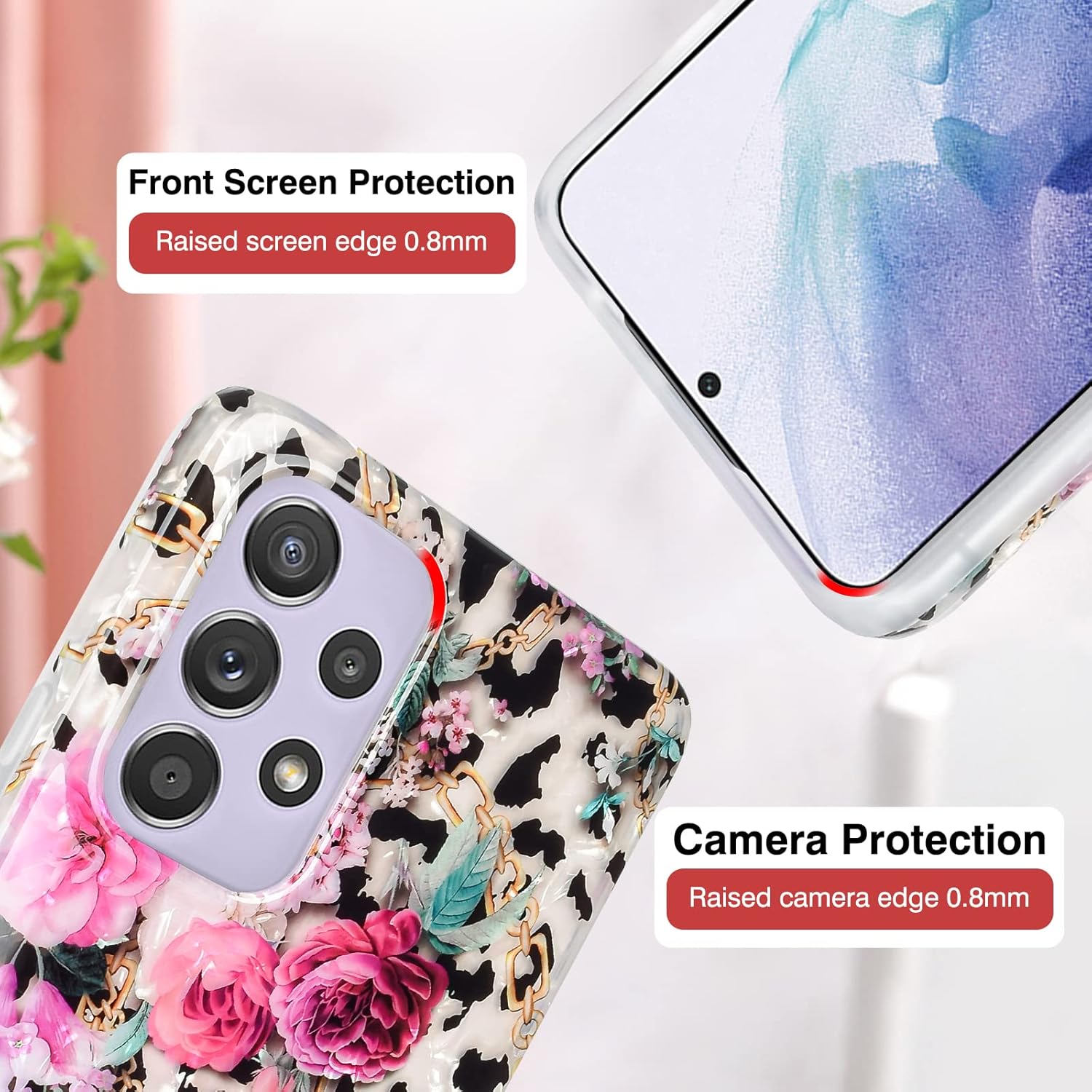 Funda cuadrada de flores para Samsung Galaxy A53 5G con patrón de concha de leopardo, bonito diseño de purpurina para mujeres y niñas, a prueba de