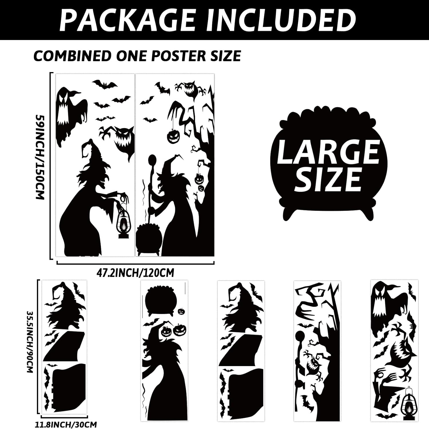 Decoraciones grandes para ventana de Halloween, bruja malvada, se aferra de Halloween, silueta aterradora, póster de ventana, calcomanías de terror