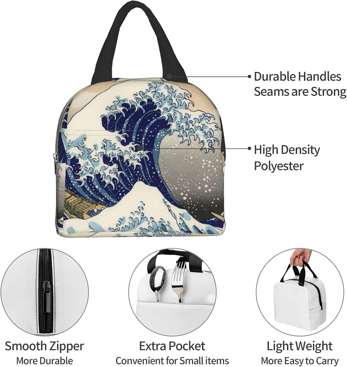 Kanagawa – Bolsa de almuerzo con aislamiento térmico Great Wave para mujer, contenedor reutilizable para comida para mujeres, oficina, picnic,