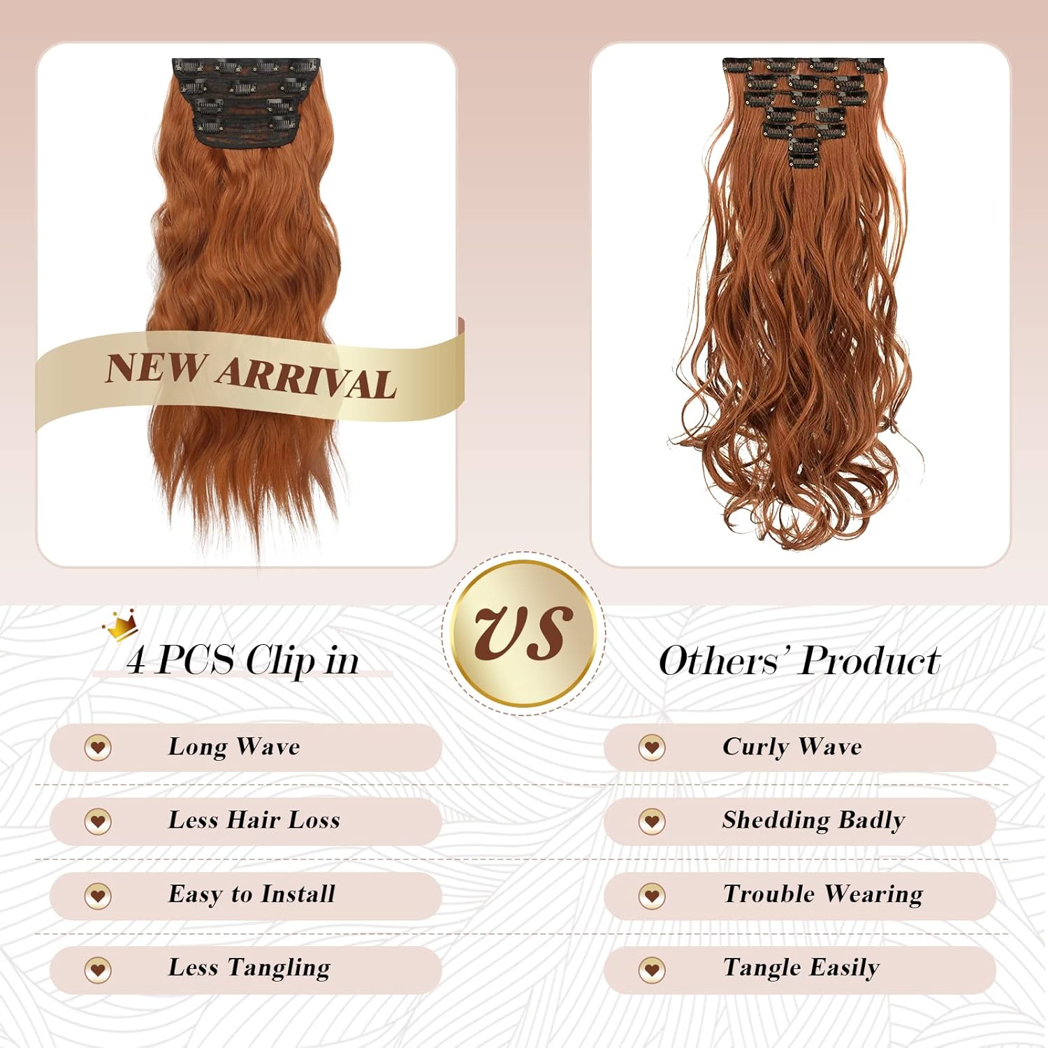 FESHFEN Extensiones de cabello con clip, 4 piezas de extensiones de cabello sintético largo ondulado con clip, extensiones de cabello sintético de