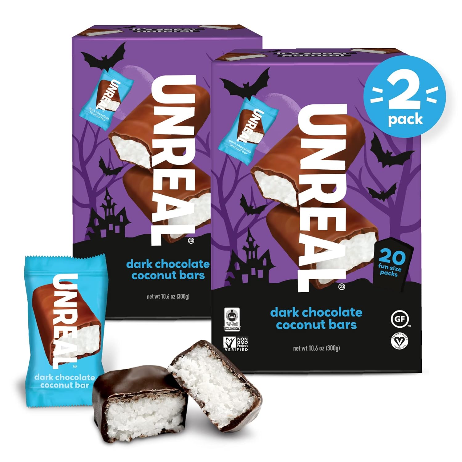 Barras de coco de chocolate oscuro de UNREAL Edition  0.11 oz de azúcar  Certificado vegano, sin gluten, comercio justo, sin OMG  Sin alcoholes de
