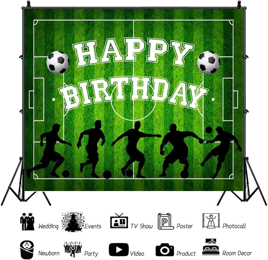 Telón de fondo de campo de fútbol de 5 x 3 pies, feliz cumpleaños, vegetación, fondo de fotografía, juego al aire libre, patrón de fútbol, fiesta