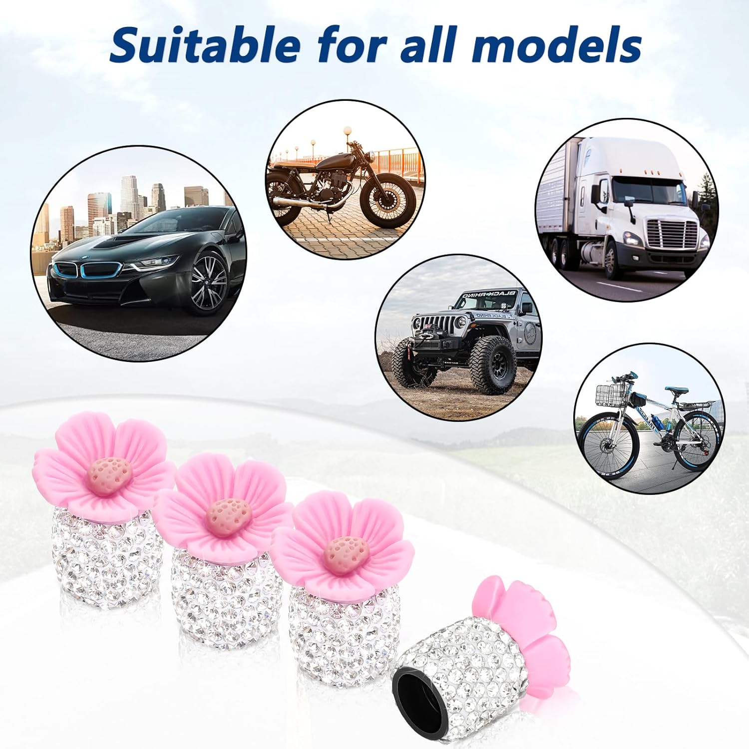 Paquete de 4 tapones de válvula de neumático de automóvil con diamantes de imitación de cristal, flor de Sakura, a prueba de polvo, accesorios