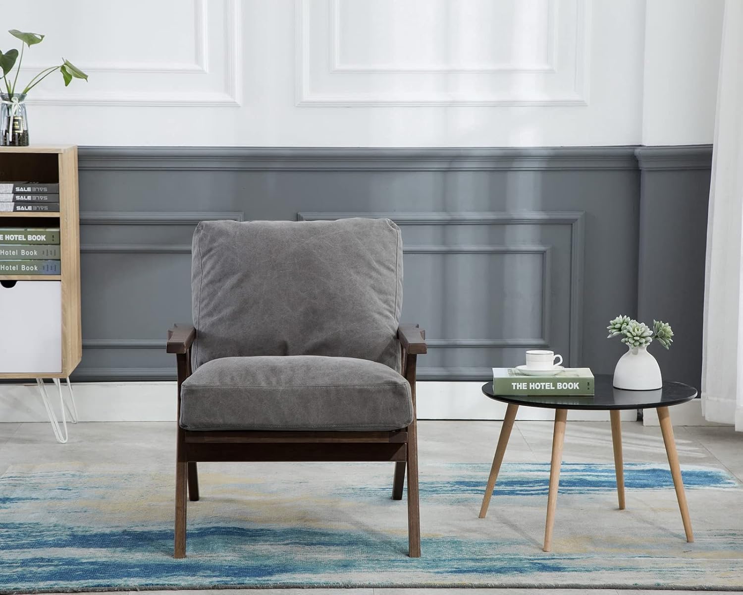 CIMOTA Silla decorativa moderna, cómoda silla tapizada de tela con reposabrazos de mediados de siglo con cojín acolchado extraíble y marco de madera