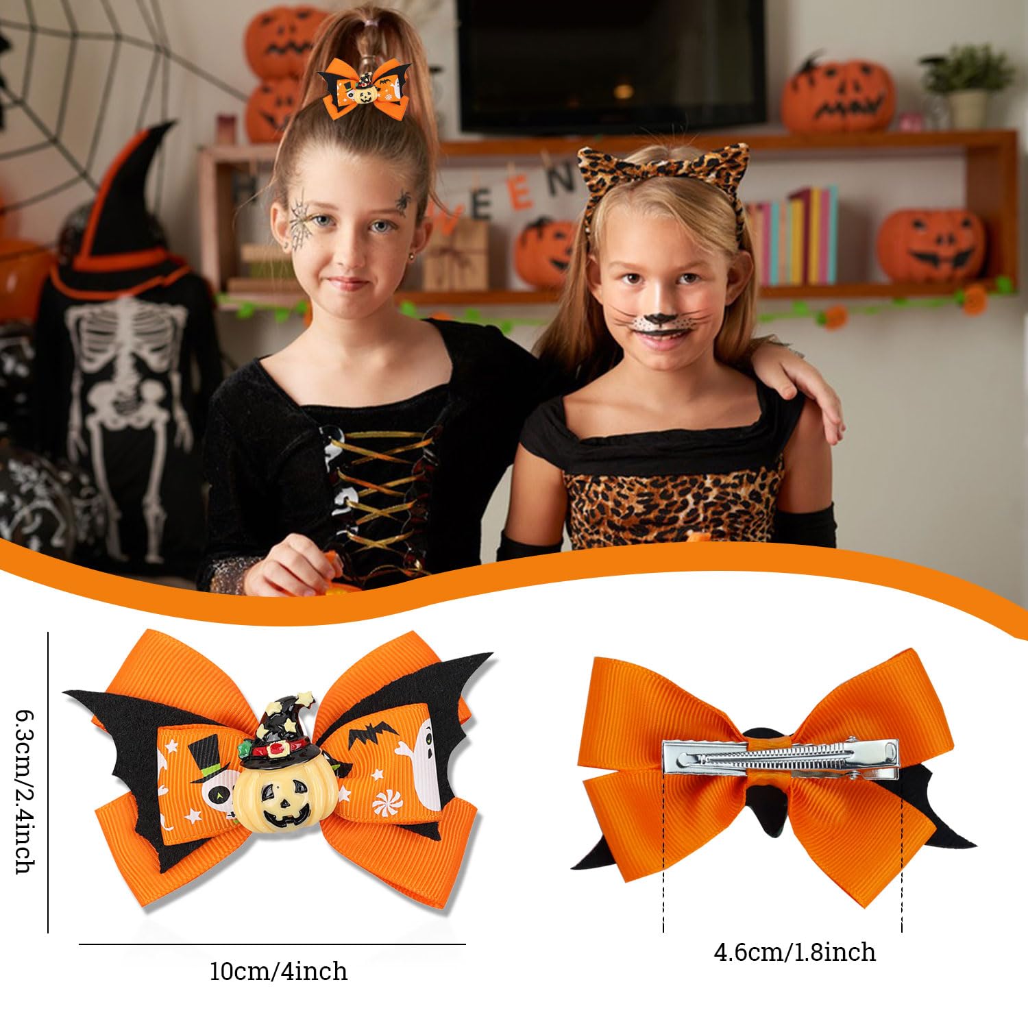 Lazos para el pelo de calabaza de Halloween para niñas, lindos clips de lazo de araña fantasma para decoración de peinado, pasador de pelo de