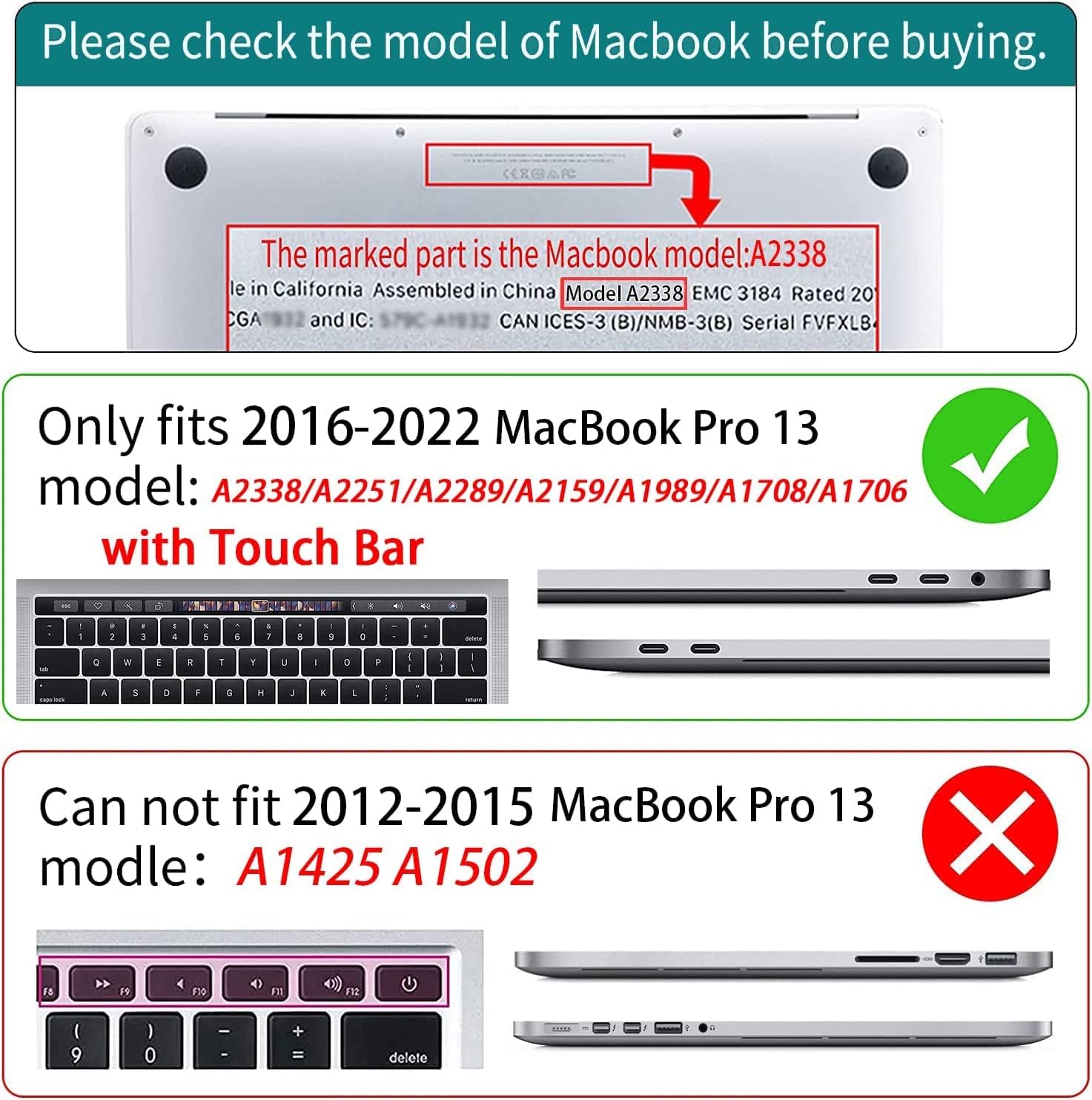 Teryeefi Funda para MacBook Pro de 13 pulgadas M2 M1 2022 versión 2020-2016 (modelo A2338 A2289 A2251 con barra táctil), carcasa rígida de plástico,