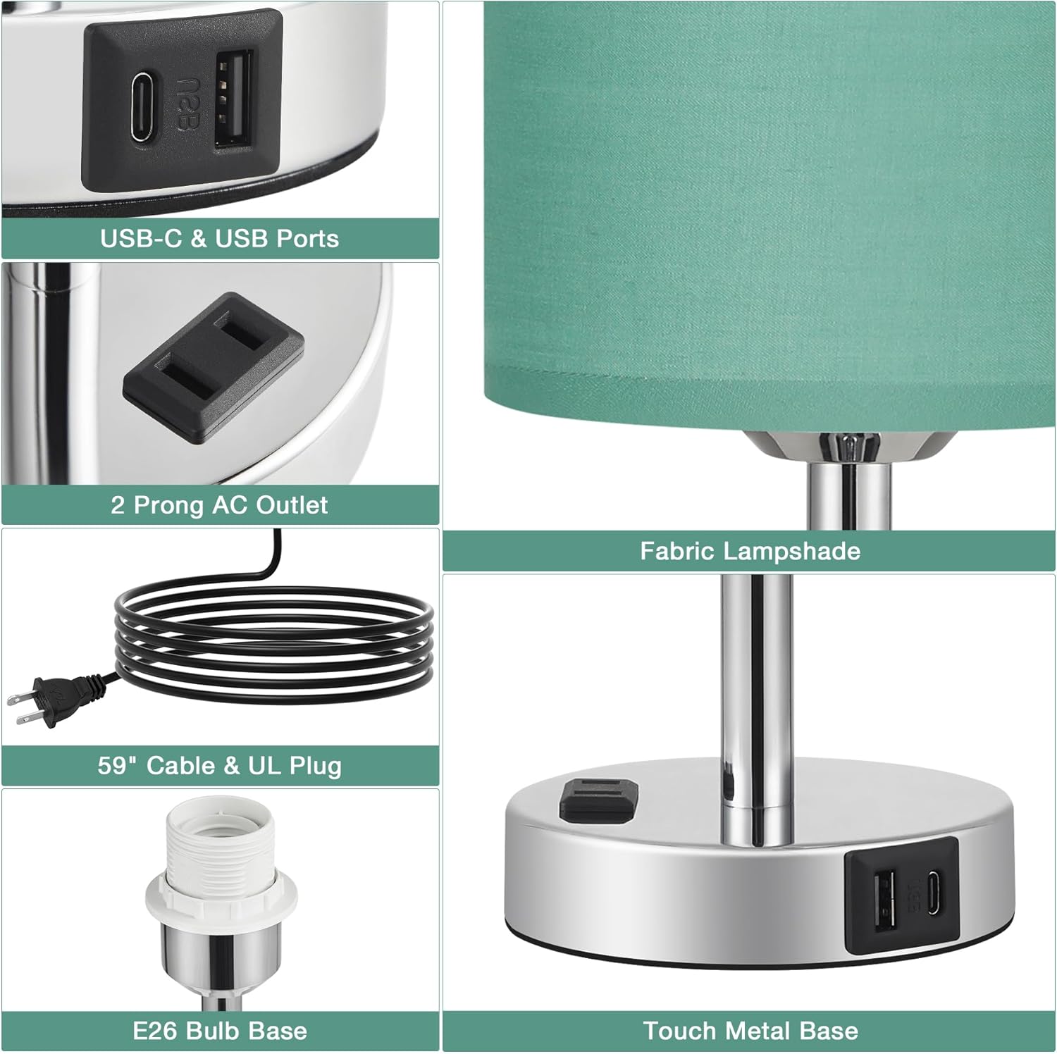 Innqoo Juego de lámparas de mesa táctiles verde azulado de 2 a 3 vías regulables con puertos USB C y A y tomas de corriente, lámpara moderna de